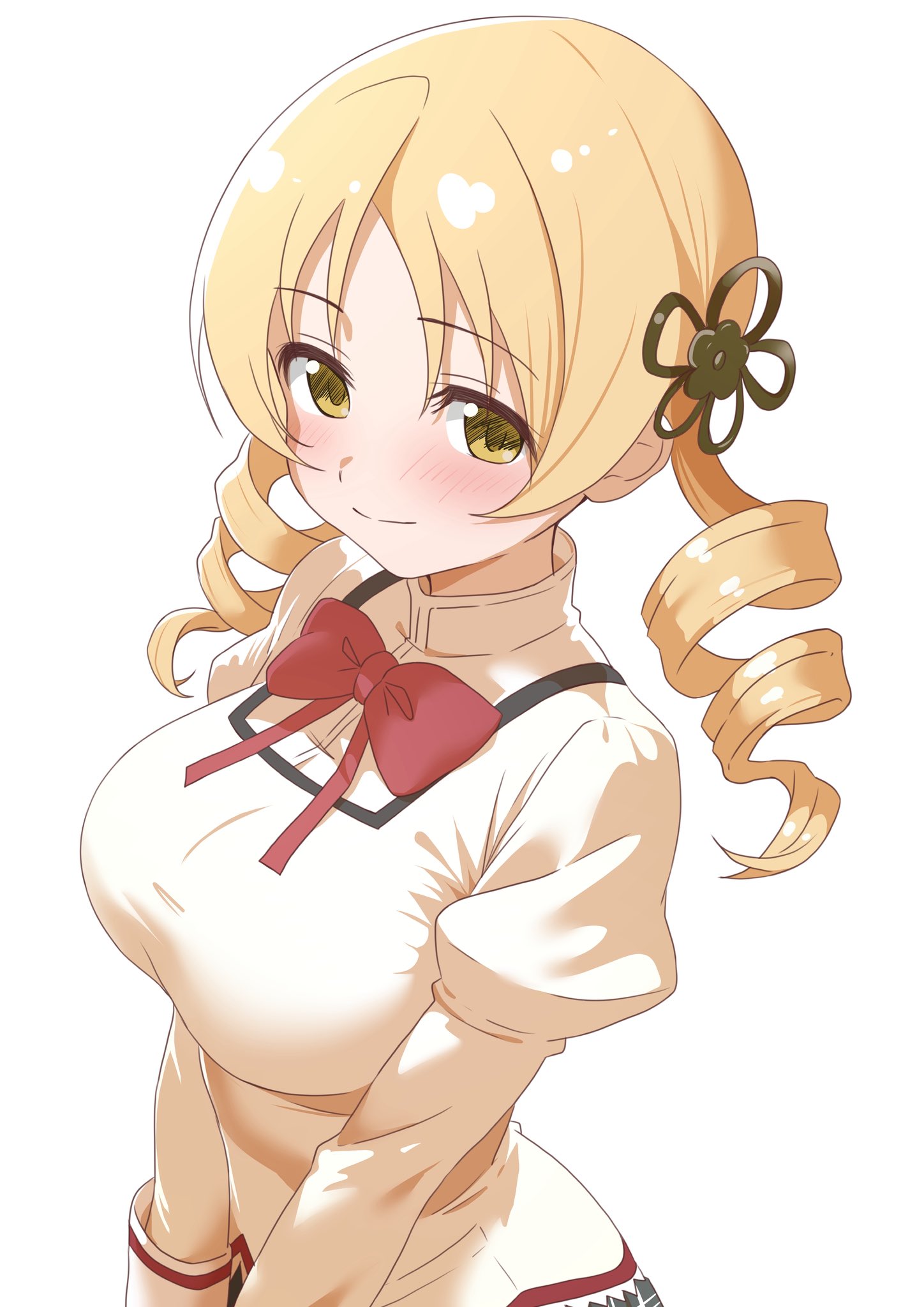 hateri, tomoe mami, mahou shoujo madoka magica, mahou shoujo madoka magica (anime), highres, 1girl, black skirt, blonde hair, blush, bow, bowtie, breasts, collared shirt, drill hair, flower hairpin, hair ornament, high collar, juliet sleeves, lace-trimmed sleeves, lace trim, large breasts, long hair, long sleeves, looking at viewer, mitakihara school uniform, plaid clothes, plaid skirt, pleated skirt, puffy sleeves, red bow, red bowtie, ribbon, school uniform, shirt, skirt, smile, solo, sweater, twin drills, twintails, white shirt, yellow eyes, yellow sweater