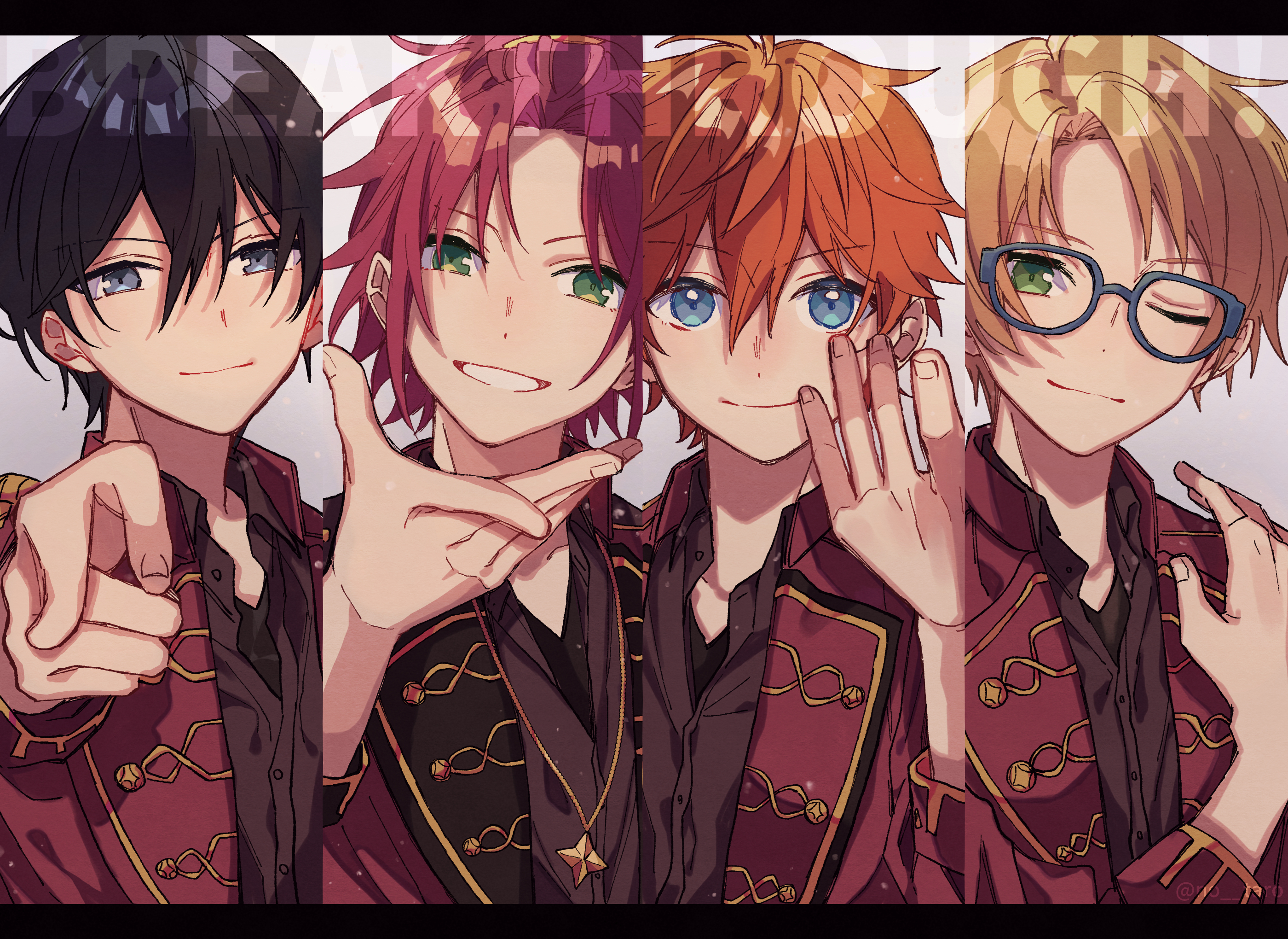 zu tonatuyasumi, akehoshi subaru, hidaka hokuto, isara mao, yuuki makoto (ensemble stars!), ensemble stars!, highres, 4boys, bangs pinned back, black border, black hair, blonde hair, blue eyes, border, closed mouth, green eyes, hair between eyes, jacket, long sleeves, looking at viewer, male focus, multiple boys, one eye closed, orange hair, outstretched hand, parted bangs, pointing, pointing at viewer, portrait, red hair, red jacket, short hair, smile, trickstar (ensemble stars!)
