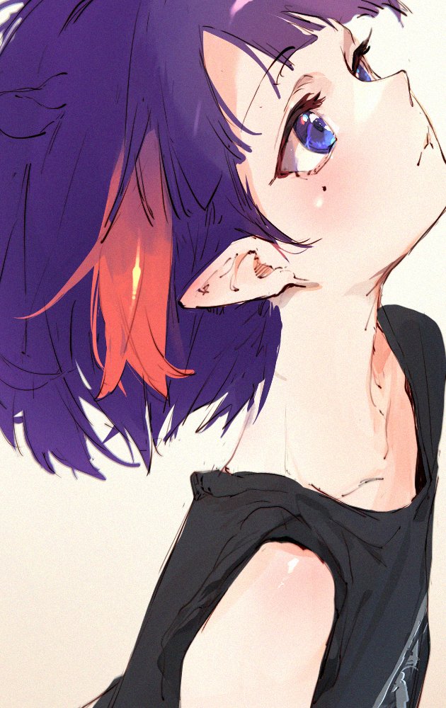deiji bijutsu, ninomae ina'nis, hololive, hololive english, 1girl, black shirt, blue eyes, closed mouth, looking up, mole, mole under eye, orange hair, pointy ears, purple hair, shirt, solo, virtual youtuber, white background