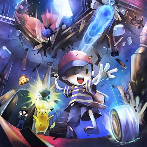 sui (petit comet), ike (fire emblem), luigi, ness (mother 2), pikachu, sonic the hedgehog, fire emblem, fire emblem: path of radiance, luigi's mansion, mario (series), mother (series), mother 2, nintendo, pokemon, sonic (series), super smash bros., lowres, 3boys, child, collateral damage, epic, forward smash, gen 1 pokemon, male focus, multiple boys, pokemon (creature), yo-yo