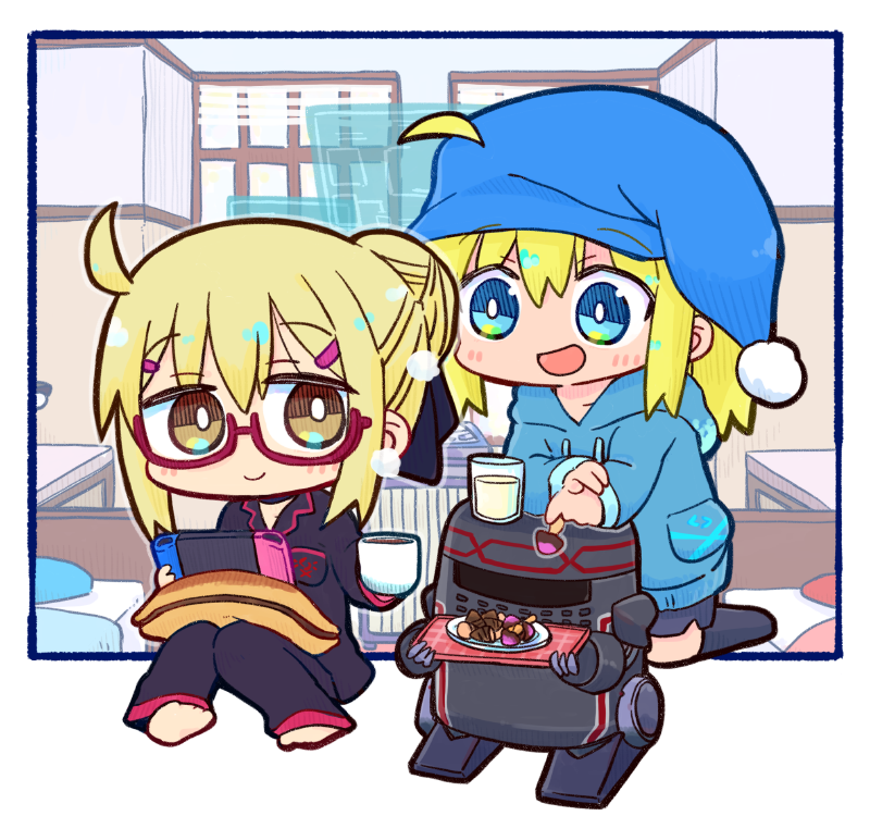 kasuga yuuki, artoria pendragon (fate), mysterious heroine x (fate), mysterious heroine x alter (fate), fate/grand order, fate (series), commentary request, food request, 2girls, :d, ahoge, barefoot, black choker, black pajamas, black pants, black shirt, black shorts, black socks, blonde hair, blue eyes, blue hat, blue hoodie, blush, brown eyes, chibi, choker, closed mouth, collared shirt, cup, drawstring, drink, drinking glass, food, hair between eyes, hair bun, hair through headwear, handheld game console, hat, holding, holding cup, holding handheld game console, holographic interface, hood, hood down, hoodie, kneehighs, kneeling, multiple girls, nightcap, no shoes, open mouth, pajamas, pants, pillow, purple-framed eyewear, semi-rimless eyewear, shirt, shorts, smile, socks, steam, under-rim eyewear