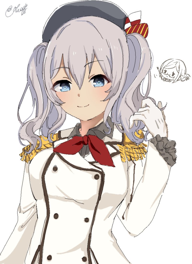 kashima (kancolle), katori (kancolle), kantai collection, beret, blue eyes, breasts, epaulettes, frilled sleeves, frills, gloves, grey hair, hat, inari ina, jacket, large breasts, military, military jacket, military uniform, neckerchief, red neckerchief, twintails, upper body, wavy hair, white gloves
