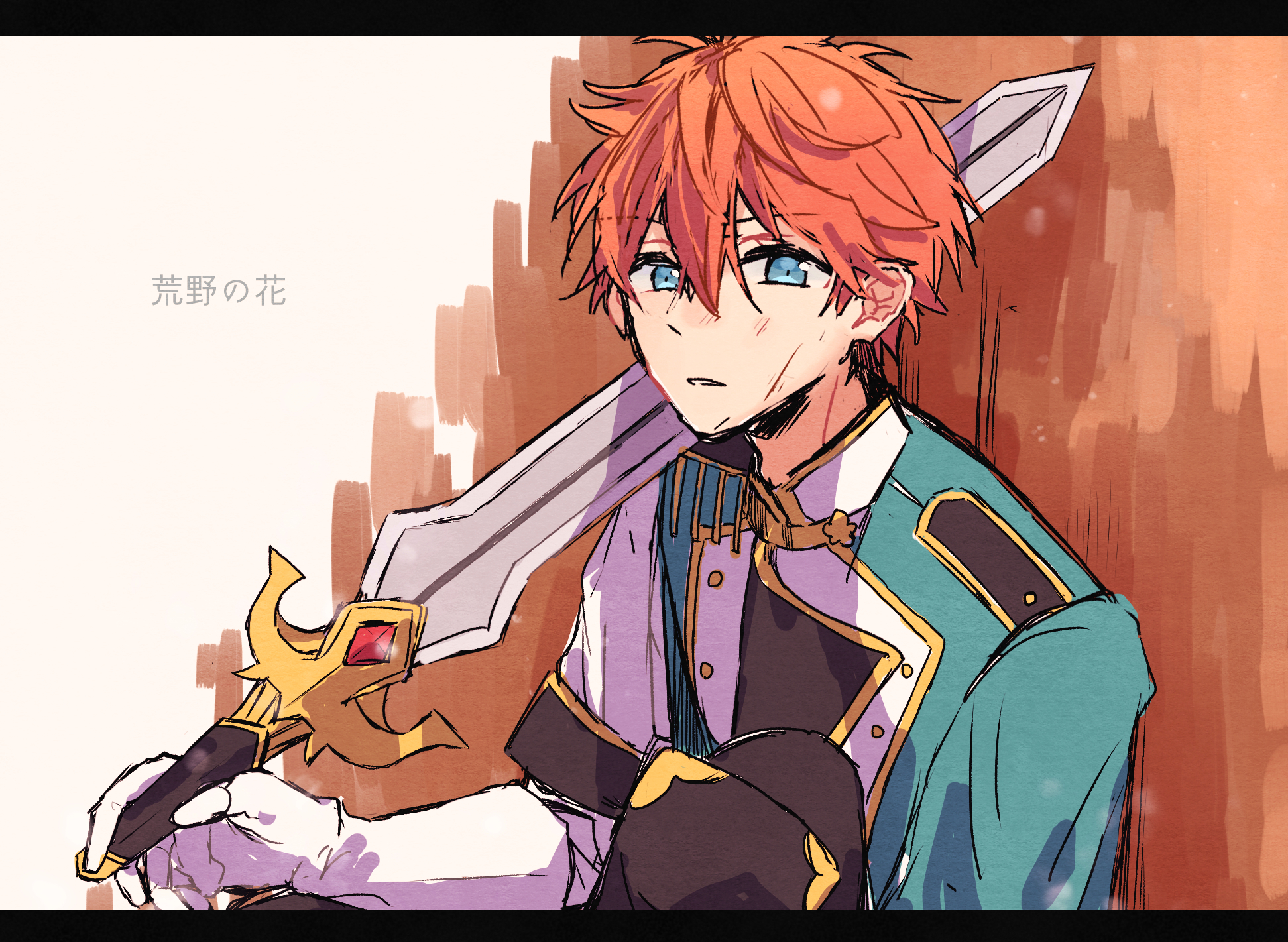 zu tonatuyasumi, akehoshi subaru, ensemble stars!, highres, 1boy, black border, blue eyes, border, gloves, hair between eyes, holding, holding sword, holding weapon, jacket, looking at viewer, male focus, official alternate costume, orange hair, parted lips, short hair, sketch, solo, sword, upper body, weapon, white gloves