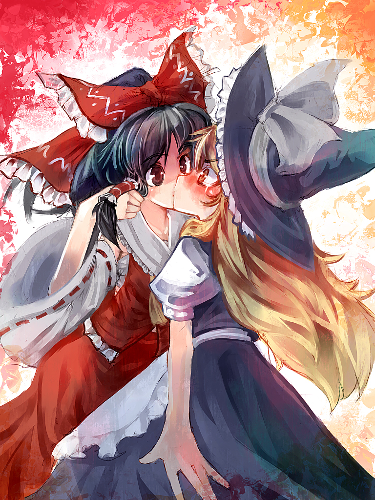 ukyo rst, hakurei reimu, kirisame marisa, touhou, 2girls, apron, black hair, blonde hair, blush, bow, brown eyes, female focus, hair bow, hair tubes, hat, japanese clothes, kiss, long hair, miko, multiple girls, ribbon, short sleeves, tears, waist apron, wide sleeves, witch hat, yellow eyes, yuri