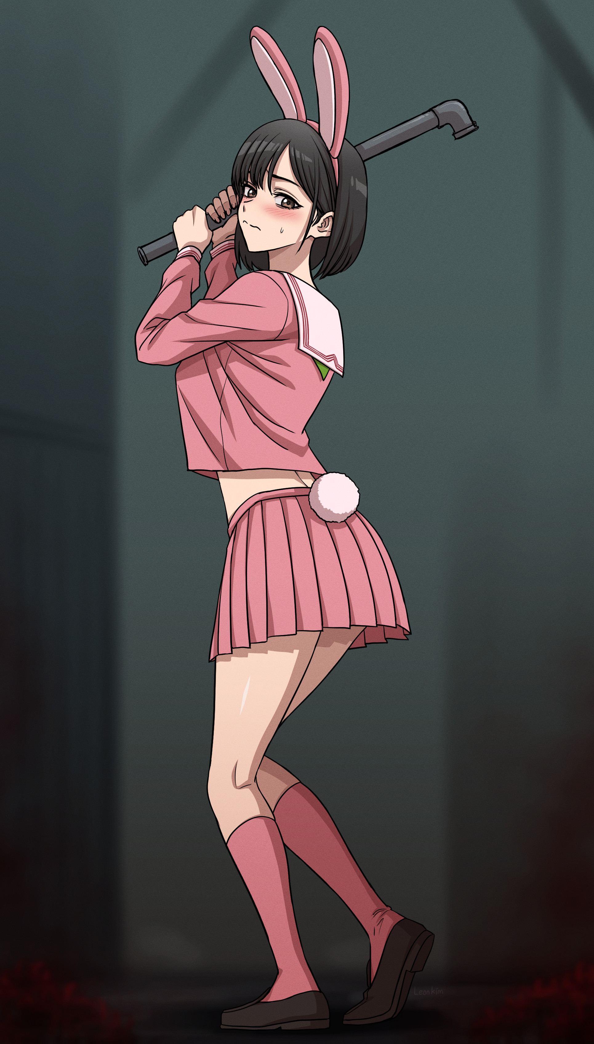 kimleon, shimizu hinako, silent hill (series), silent hill f, absurdres, highres, 1girl, animal ear hairband, animal ears, black shoes, blush, fake animal ears, hairband, holding, holding lead pipe, lead pipe, midriff, pink serafuku, pink skirt, pink socks, pleated skirt, rabbit ears, rabbit tail, school uniform, serafuku, shoes, skirt, socks, tail