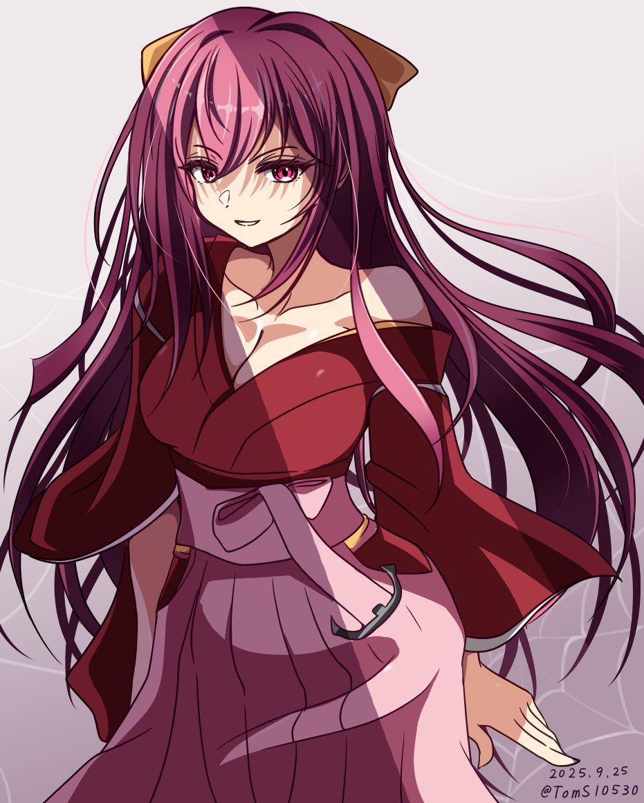 toms, kamikaze (kancolle), kantai collection, 1girl, anchor, blush, bow, breasts, brown hair, cleavage, dated, hair bow, hair ribbon, hakama, hakama skirt, japanese clothes, kimono, large breasts, long hair, looking at viewer, meiji schoolgirl uniform, pink background, pink hakama, purple eyes, purple hair, red kimono, ribbon, skirt, smile, solo, twitter username, yellow bow