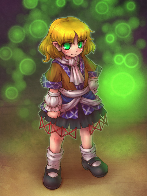 sankuma, mizuhashi parsee, touhou, 1girl, blonde hair, bobby socks, dress, female focus, full body, green eyes, looking at viewer, mary janes, pointy ears, shoes, short hair, short sleeves, socks, solo, standing, white socks