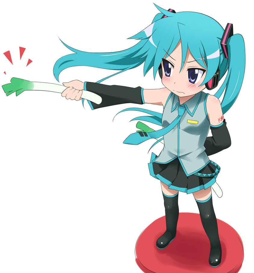 youkan, hatsune miku, hiiragi kagami, lucky star, vocaloid, bad id, bad pixiv id, 1girl, blue eyes, blue hair, blush, boots, cosplay, detached sleeves, female focus, flat chest, hair ribbon, hatsune miku (cosplay), long hair, matching hair/eyes, necktie, ribbon, solo, spring onion, standing, sweat, thigh boots, thighhighs, twintails, zettai ryouiki