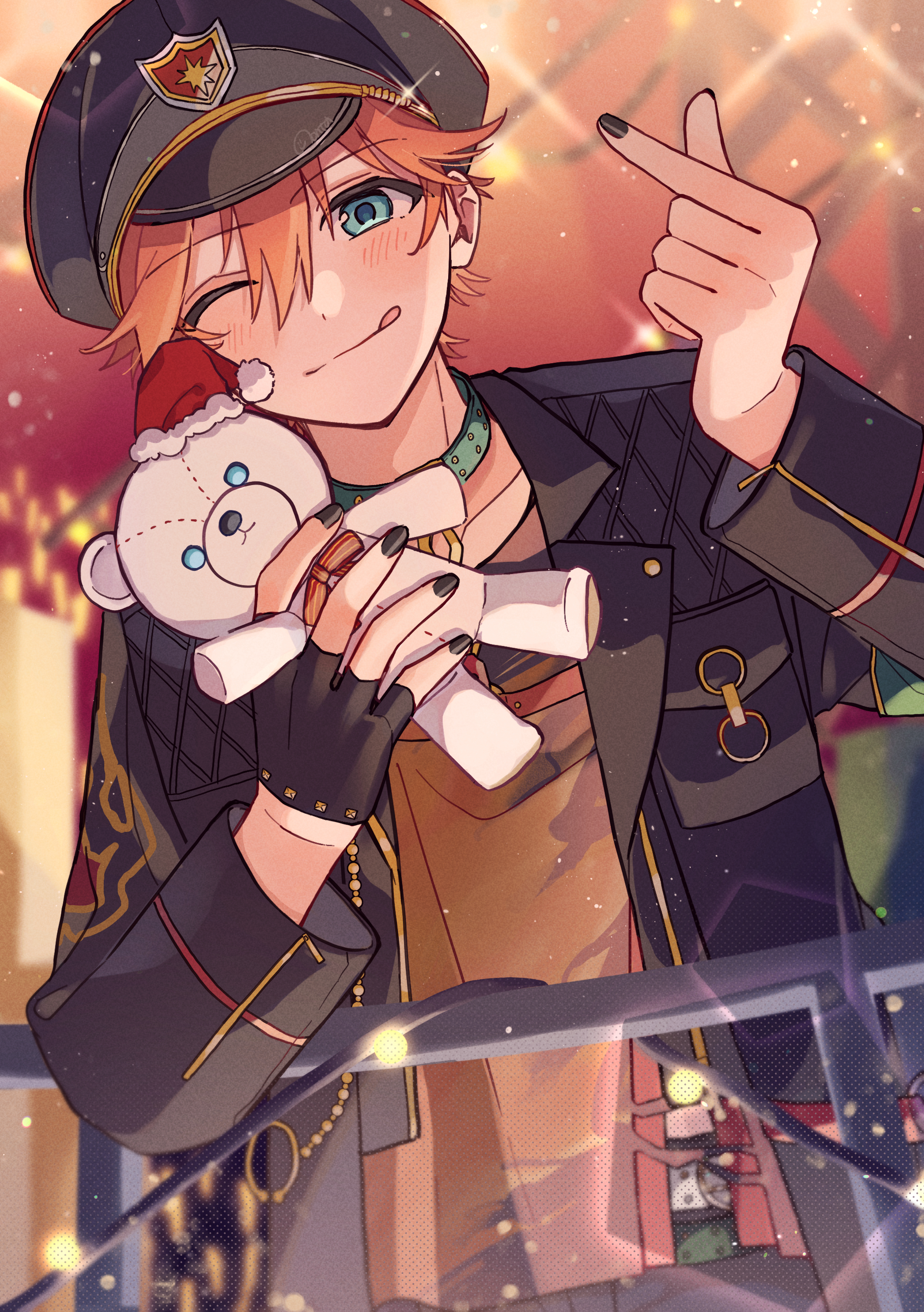 zu tonatuyasumi, akehoshi subaru, ensemble stars!, absurdres, highres, 1boy, against railing, black hair, black jacket, black nails, blue eyes, choker, closed mouth, emblem, finger heart, green choker, hair between eyes, hat, holding, holding stuffed toy, jacket, looking at viewer, male focus, official alternate costume, open clothes, open jacket, orange hair, peaked cap, railing, santa hat, short hair, smile, solo, stuffed animal, stuffed toy, teddy bear, tongue, tongue out