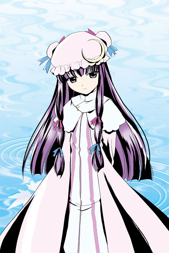 yamaguchi takashi, yamaguchi yuu, patchouli knowledge, touhou, 1girl, crescent, crescent moon, dress, female focus, frills, hat, long sleeves, looking at viewer, moon, pink dress, purple eyes, purple hair, sidelocks, solo