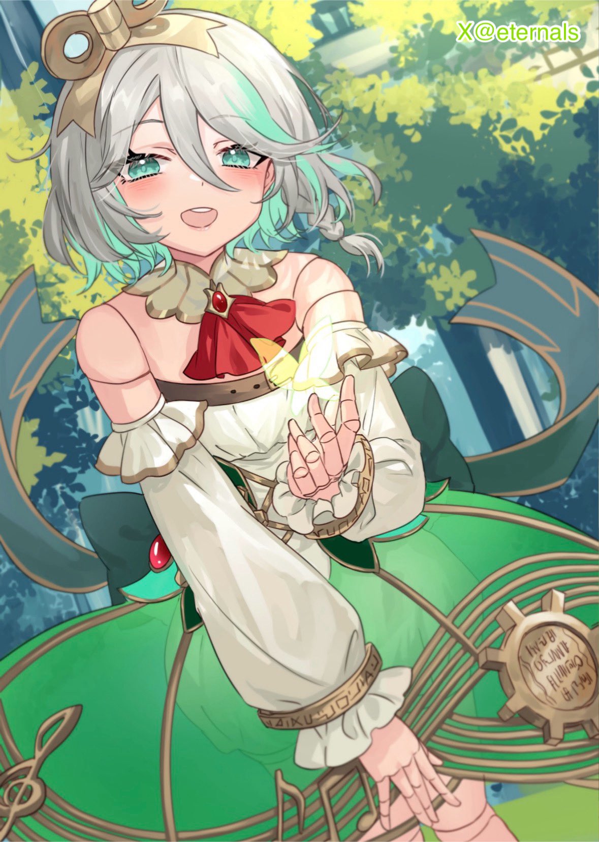 ten-chan (eternal s), cecilia immergreen, cecilia immergreen (1st costume), hololive, hololive english, highres, 1girl, ascot, detached collar, gears, green eyes, green hair, green skirt, grey hair, hair between eyes, looking at viewer, multicolored hair, musical note, musical note print, red ascot, romper, skirt, solo, strapless romper, streaked hair, twitter username, virtual youtuber, white romper, winding key