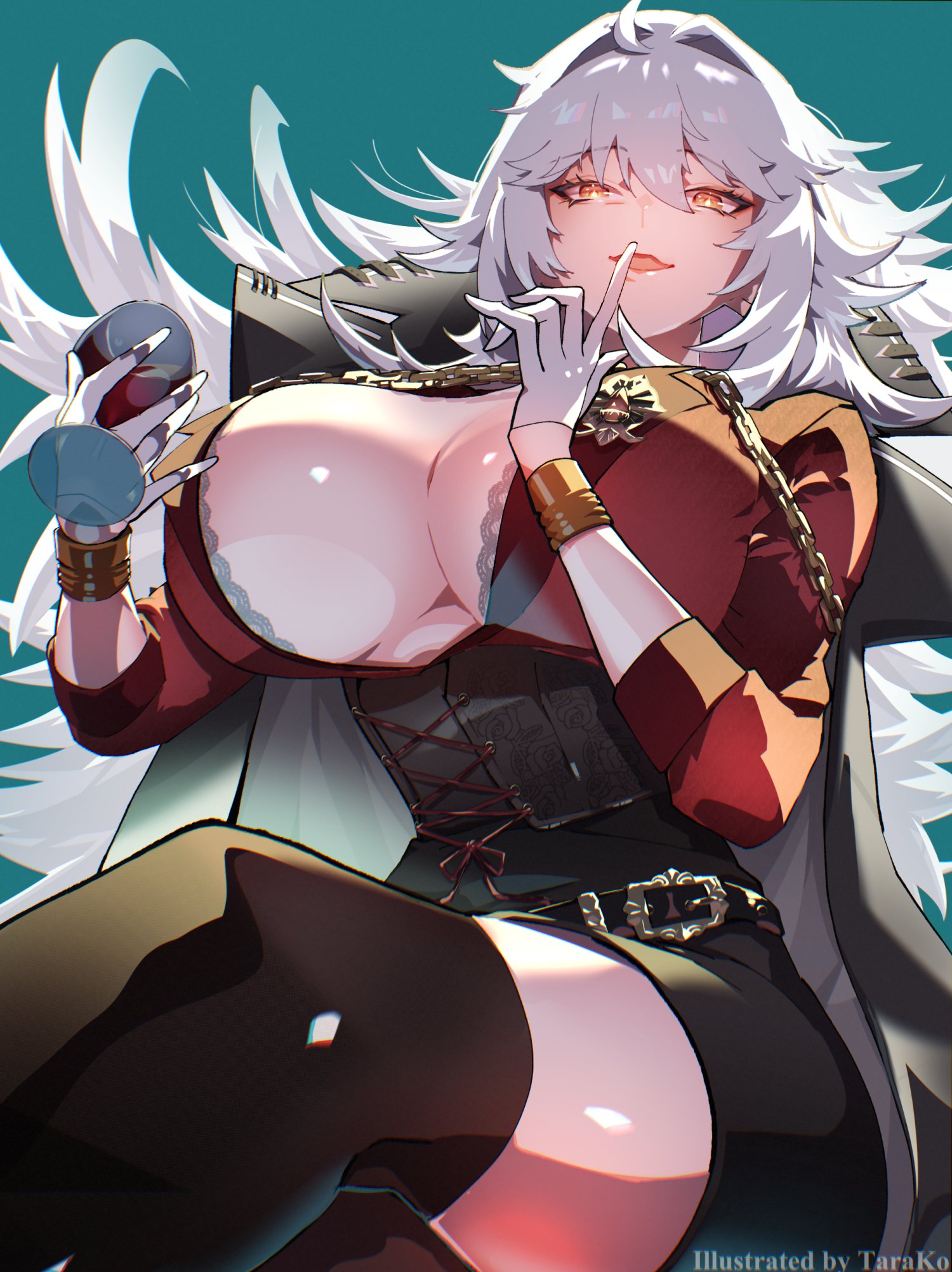 seafood tarako, zentreya, zentreya (cyborg), zentreya (cyborg) (regal), indie virtual youtuber, highres, 1girl, black jacket, black skirt, black thighhighs, breasts, crossed legs, cup, drinking glass, finger to mouth, gloves, holding, holding cup, jacket, large breasts, looking at viewer, open mouth, red shirt, shirt, skirt, solo, thighhighs, virtual youtuber, white gloves, white hair, wine glass, yellow eyes