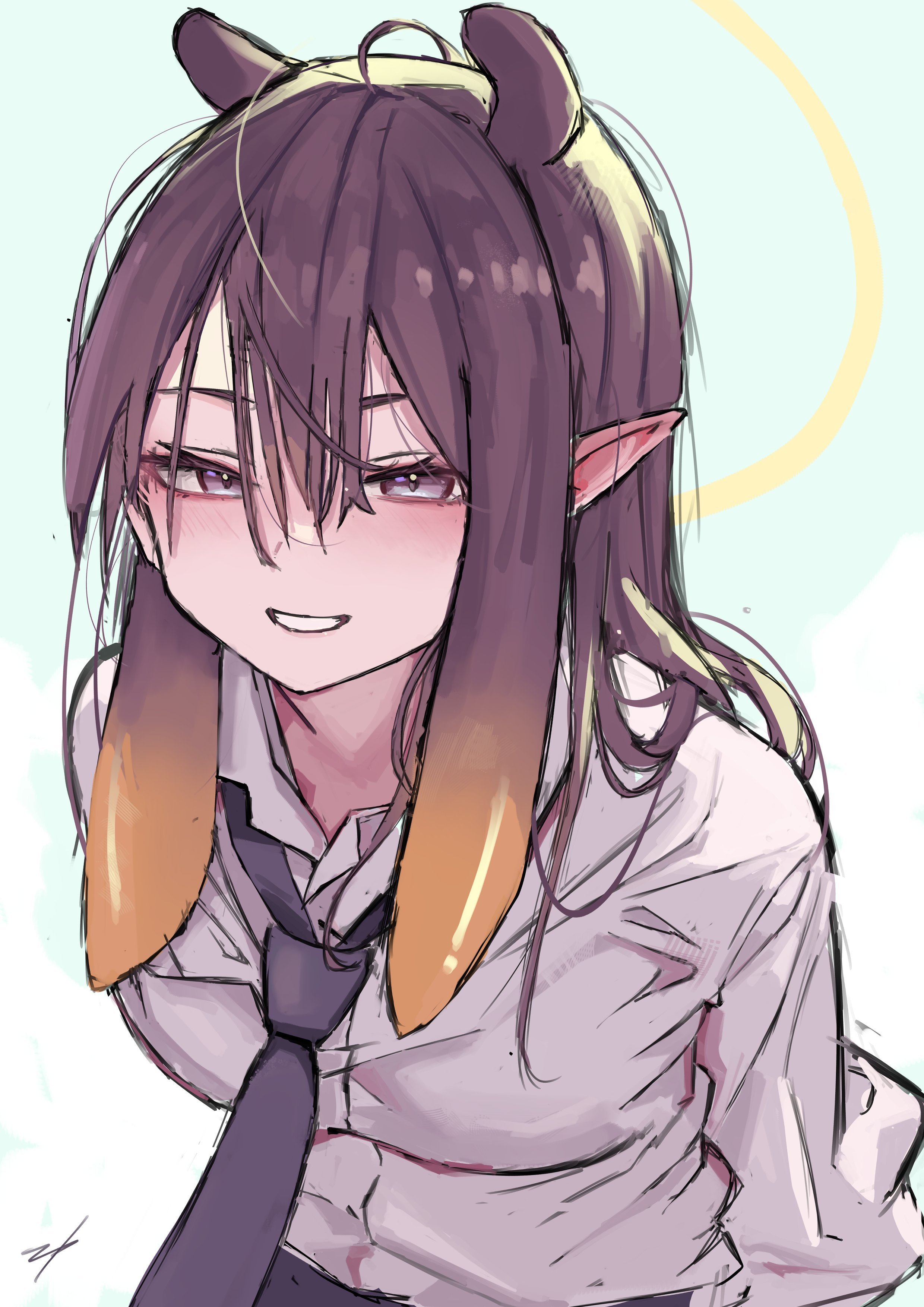 erroz (errozthewhite), ninomae ina'nis, hololive, hololive english, absurdres, highres, 1girl, :d, ahoge, alternate costume, black necktie, formal clothes, grin, halo, long hair, long sleeves, looking at viewer, multicolored hair, necktie, open mouth, orange hair, pointy ears, puffy sleeves, purple eyes, purple hair, shirt, smile, solo, suit, tentacle hair, virtual youtuber, white shirt