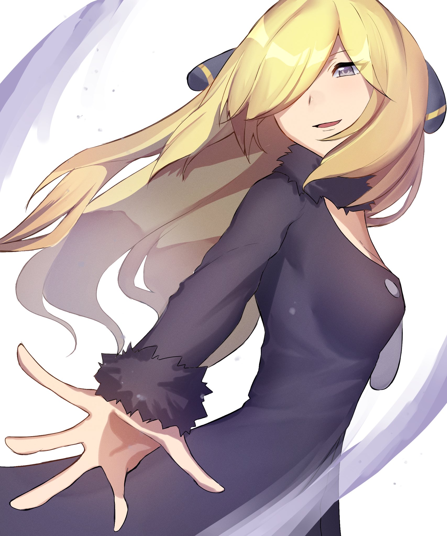 siyu mizu, cynthia (pokemon), nintendo, pokemon, pokemon dppt, pokemon platinum, highres, 1girl, black coat, blonde hair, breasts, cleavage, coat, fur-trimmed coat, fur collar, fur trim, grey eyes, hair ornament, hair over one eye, long hair, long sleeves, looking at viewer, open mouth, smile, solo, upper body, very long hair