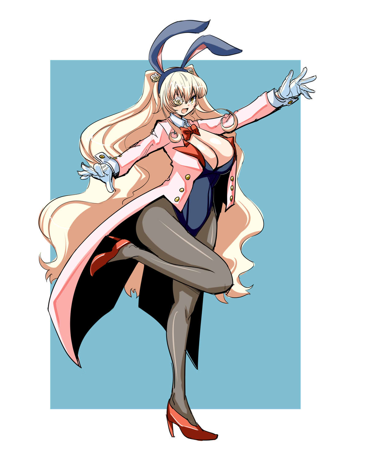 itini-sanshi, kirakishou, rozen maiden, commentary request, highres, 1girl, :d, alternate breast size (larger), alternate costume, animal ears, black leotard, blonde hair, blue background, bow, bowtie, breasts, cleavage, coat, collar, detached collar, fake animal ears, flower, flower over eye, full body, grey pantyhose, hair flower, hair ornament, high heels, large breasts, leotard, long hair, looking at viewer, open clothes, open coat, open mouth, pantyhose, pink coat, playboy bunny, rabbit ears, red bow, red bowtie, red shoes, rose, shoes, sidelocks, simple background, smile, solo, standing, standing on one leg, two-tone background, two side up, very long hair, wavy hair, white background, white collar, wrist cuffs, yellow eyes, yellow flower, yellow rose