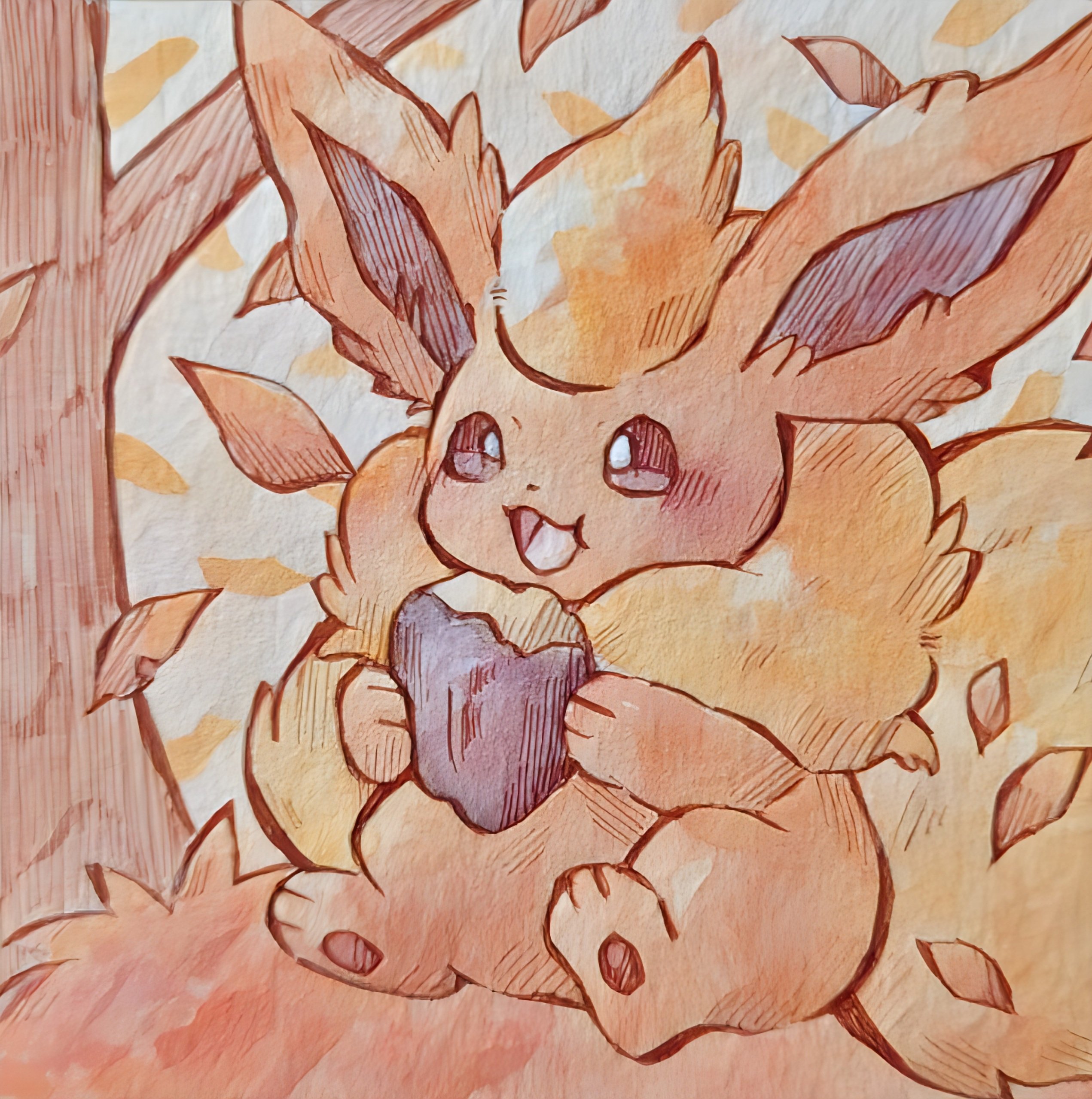 rai (rai kw), flareon, nintendo, pokemon, absurdres, highres, animal focus, autumn leaves, eating, fluffy, food, gen 1 pokemon, holding, holding food, leaf, neck fur, no humans, open mouth, orange fur, pokemon (creature), pokemon focus, roasted sweet potato, sitting, smile, solo, sweet potato, tail, tree, yellow fur