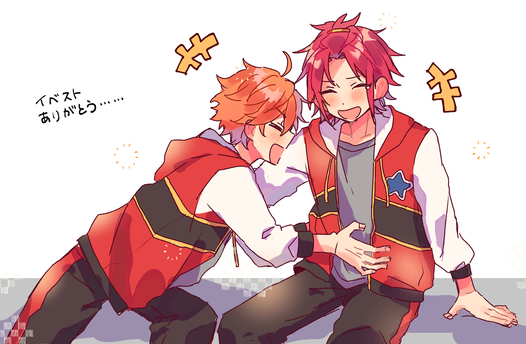 zu tonatuyasumi, akehoshi subaru, isara mao, ensemble stars!, highres, +++, 2boys, ahoge, bangs pinned back, blush, closed mouth, hood, hooded jacket, jacket, leaning forward, long sleeves, male focus, multiple boys, open clothes, open jacket, open mouth, orange hair, red hair, short hair, sitting, sketch, smile