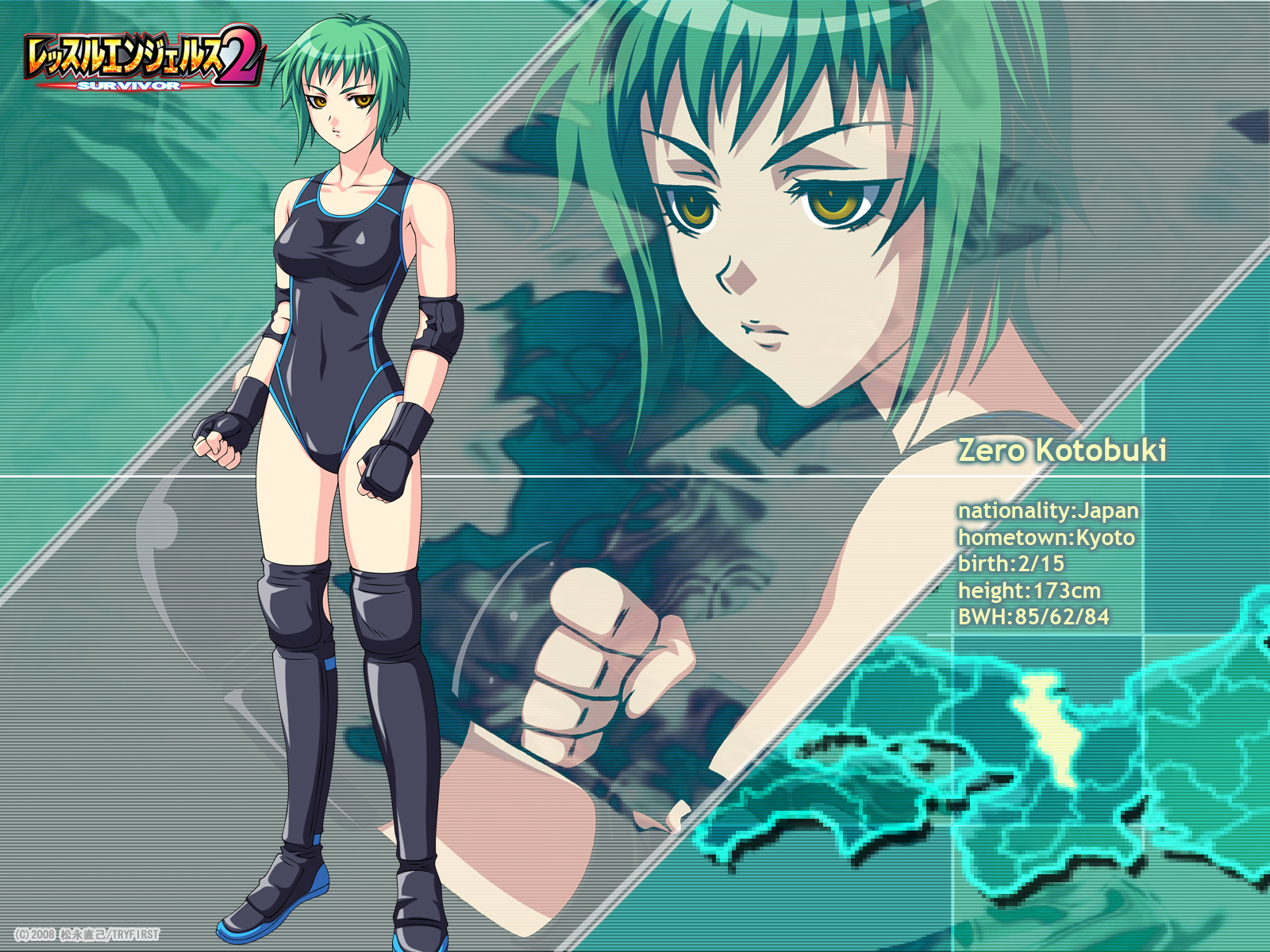 kotobuki zero, wrestle angels, wrestle angels survivor 2, highres, elbow pads, fingerless gloves, gloves, green hair, knee pads, leotard, short hair, shoulder pads, thighhighs, yellow eyes