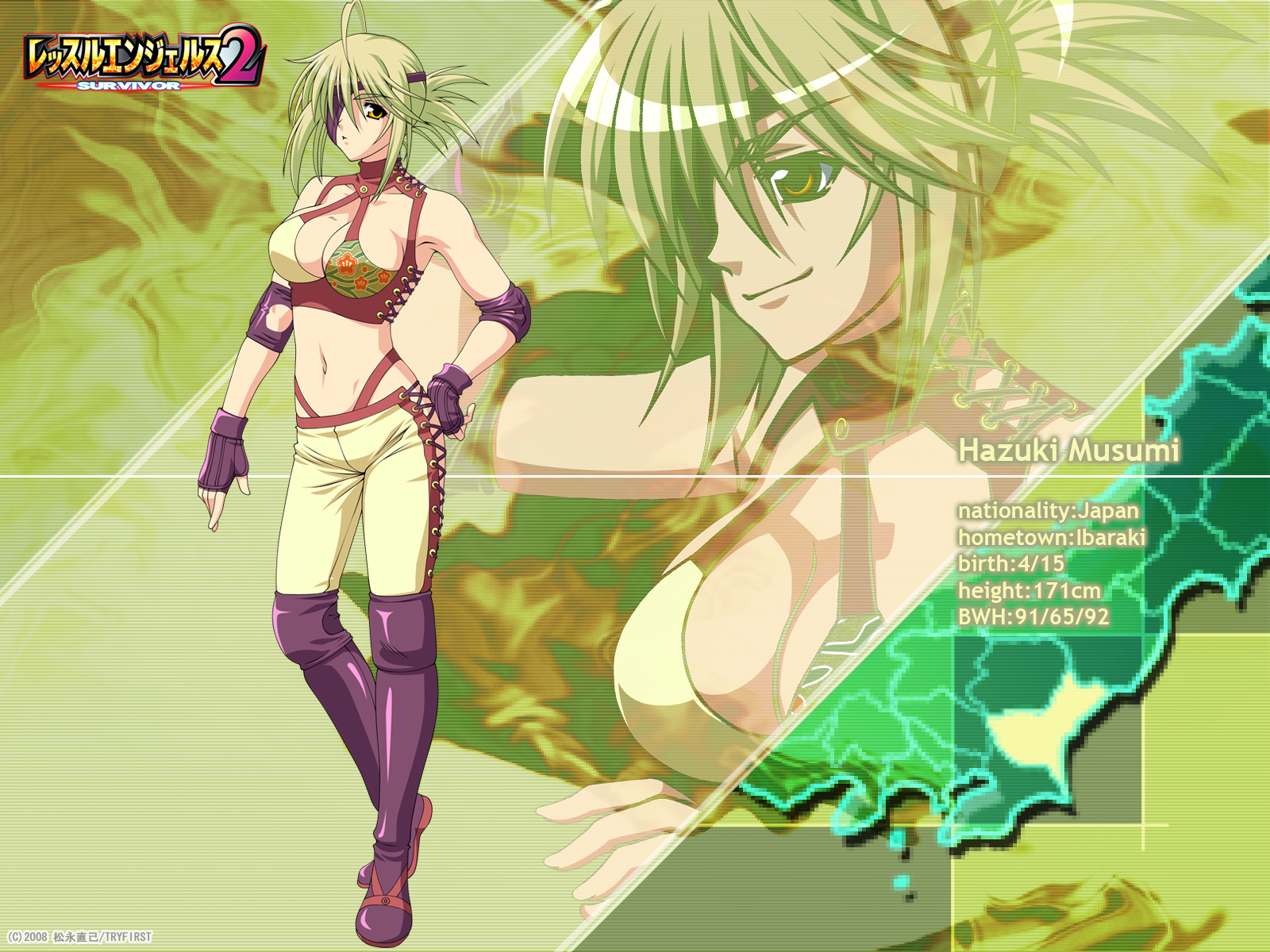 musumi hazuki, wrestle angels, wrestle angels survivor 2, highres, official art, official wallpaper, 1girl, ahoge, armpits, bare shoulders, blonde hair, boots, breasts, cleavage, elbow pads, eyepatch, fingerless gloves, gloves, knee pads, large breasts, short hair, yellow eyes