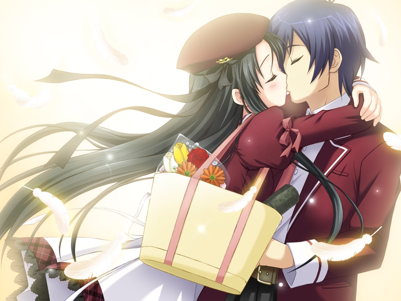 ozawa yuu, satsuki kakeru, tachibana kukuri, 11eyes, 5pb., game cg, 00s, 1boy, 1girl, black hair, blush, hat, hetero, hug, kiss, long hair, school uniform, serafuku
