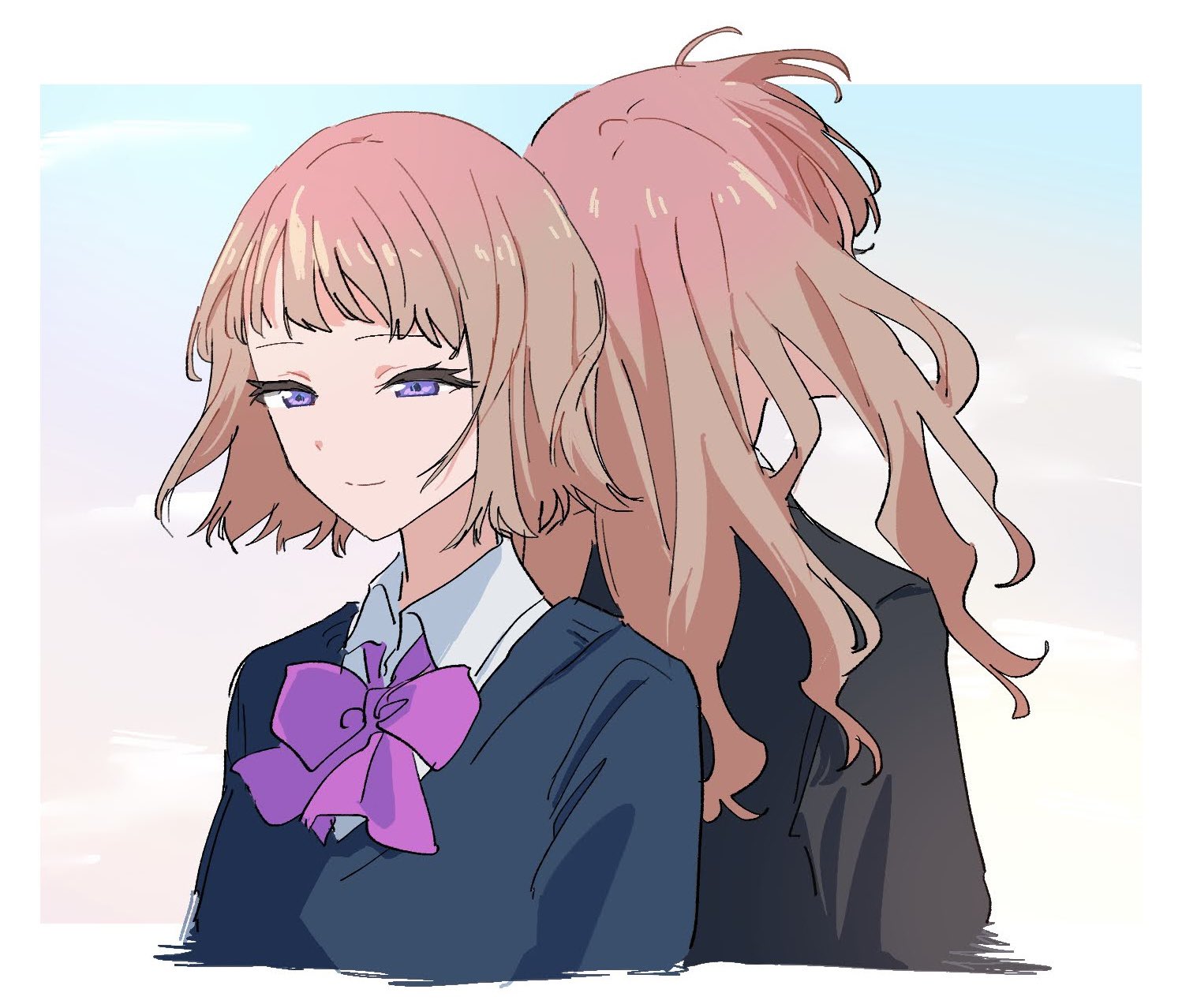 himagosan, minami kano, minami yume, gridman universe, ssss.dynazenon, highres, 2girls, bow, bowtie, brown hair, closed mouth, collared shirt, green eyes, jacket, long hair, long sleeves, multiple girls, purple eyes, school uniform, shirt, short hair, siblings, sisters, smile, upper body