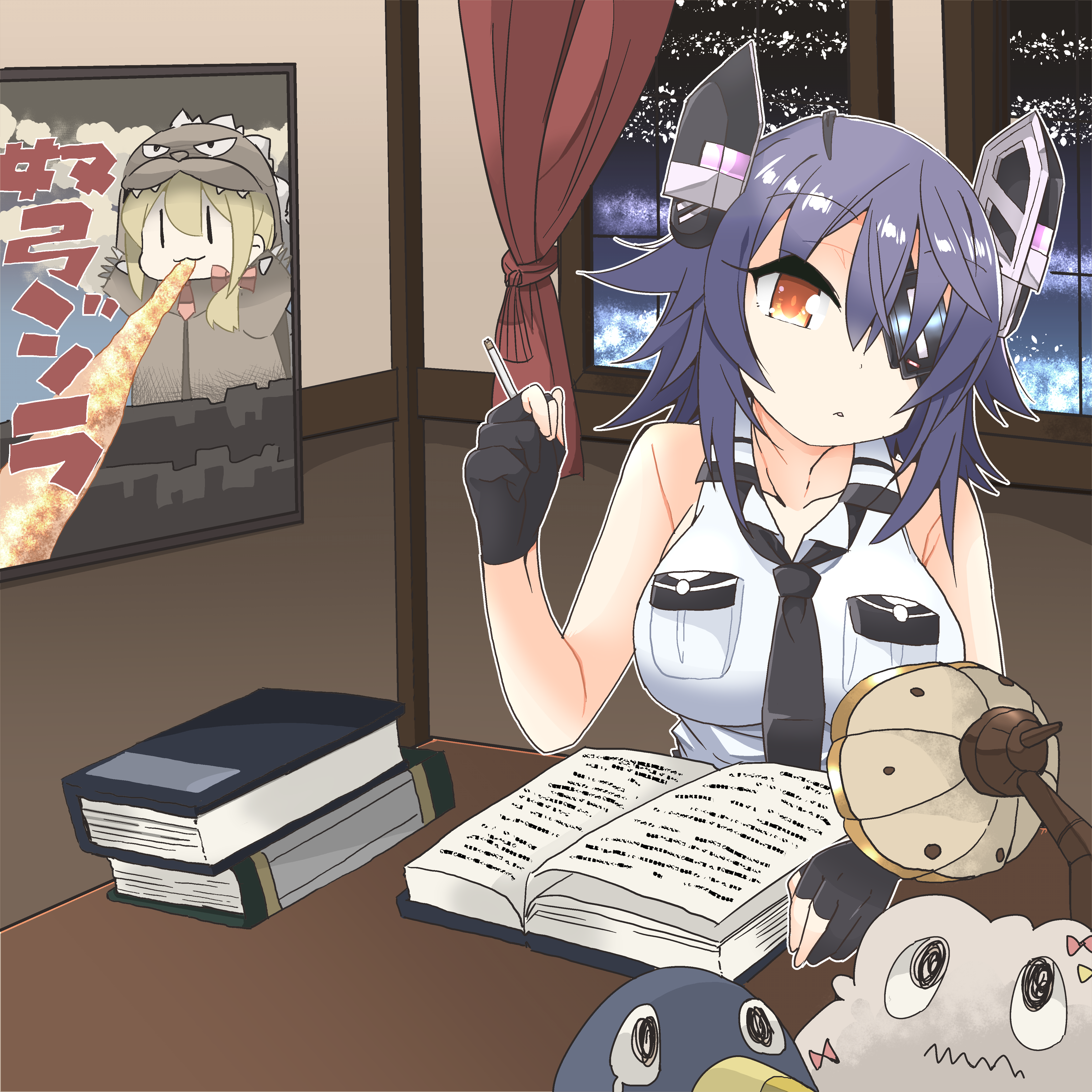 mishiro haruka, donald fagen, error musume, failure penguin, miss cloud, tenryuu (kancolle), tenryuu kai ni (kancolle), godzilla (series), kantai collection, the nightfly, absurdres, commentary, commentary request, commission, commissioner upload, derivative work, highres, skeb commission, 1girl, album cover, album cover redraw, black gloves, black necktie, book, breast pocket, breasts, cigarette, collarbone, collared shirt, cover, curtains, desk, desk lamp, eyepatch, gloves, hair between eyes, headgear, holding, holding cigarette, indoors, lamp, large breasts, looking at viewer, movie poster (object), necktie, open book, orange eyes, partially fingerless gloves, pocket, poster (object), purple hair, shirt, short hair, sleeveless, sleeveless shirt, solo, upper body, white shirt, window