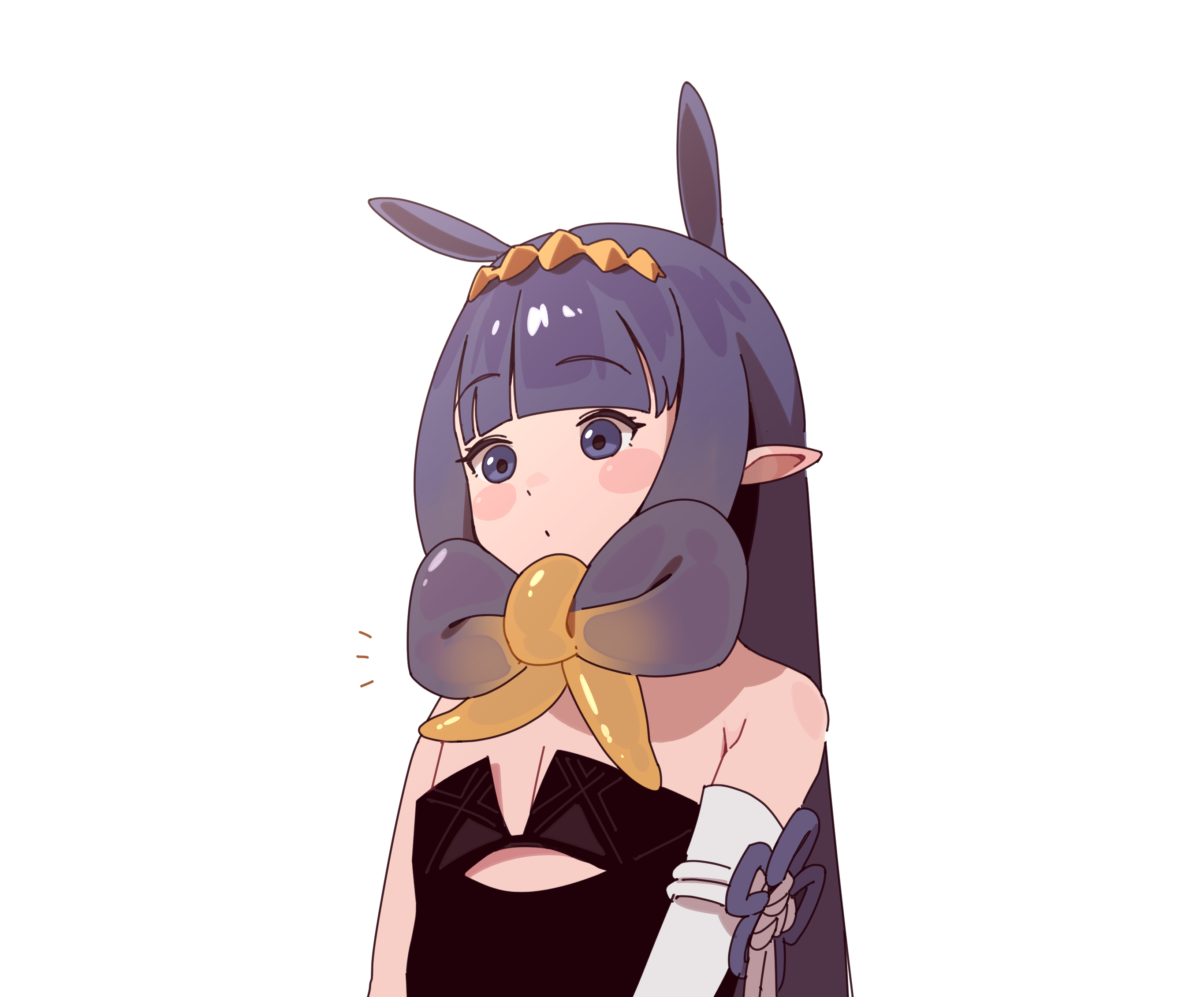 mendako (wjkgreat), ninomae ina'nis, ninomae ina'nis (1st costume), hololive, hololive english, highres, 1girl, bare shoulders, black dress, detached sleeves, dress, jewelry, multicolored hair, orange hair, pointy ears, purple eyes, purple hair, single detached sleeve, solo, strapless, strapless dress, virtual youtuber