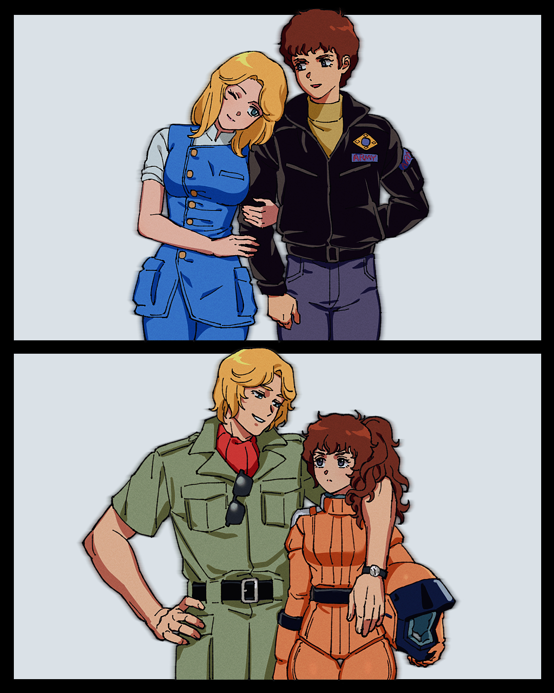 yy0880yy, amuro ray, beltorchika irma, gundam, zeta gundam, highres, 1boy, 1girl, aeug, alternate universe, blonde hair, blue eyes, breasts, brown hair, comparison, genderswap, genderswap (ftm), genderswap (mtf), helmet, holding, jacket, long hair, long sleeves, mecha pilot suit, military, military uniform, normal suit (gundam), open mouth, pants, ponytail, science fiction, shirt, short hair, smile, sunglasses