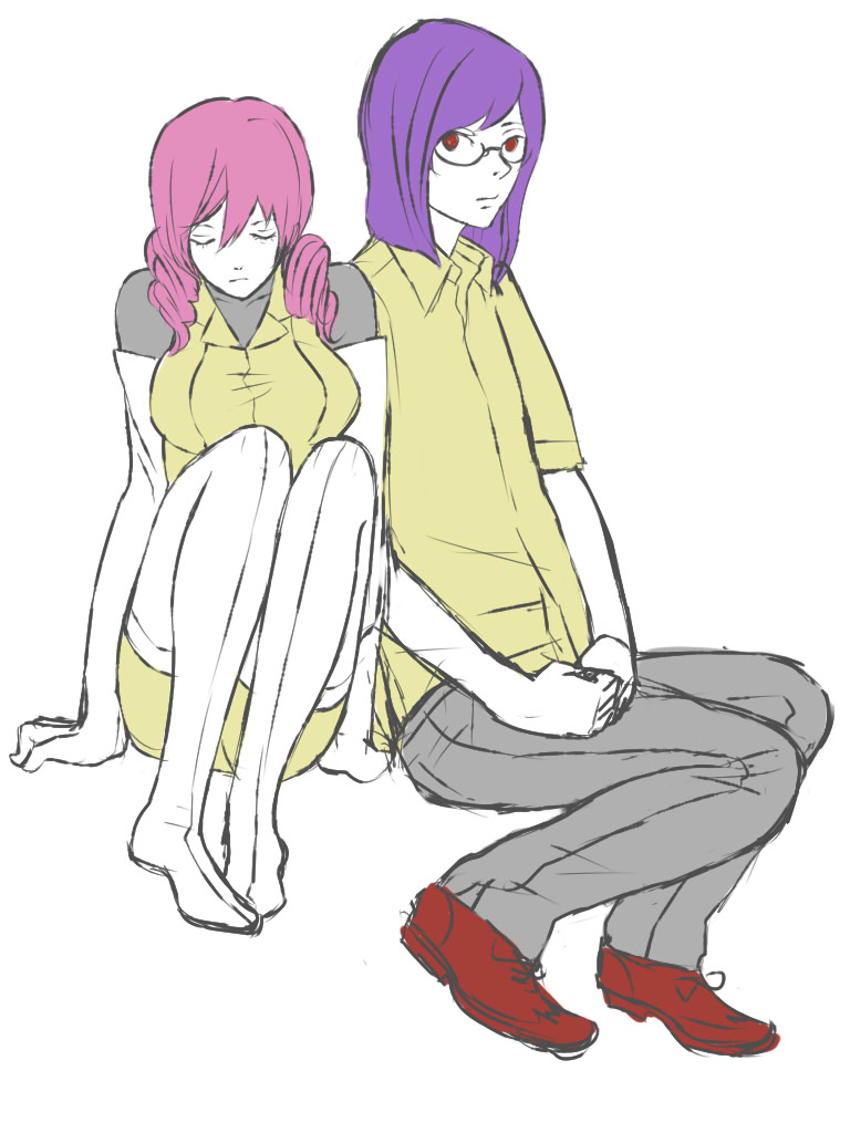 feldt grace, tieria erde, gundam, gundam 00, bad id, bad pixiv id, 00s, 1boy, 1girl, boots, elbow gloves, full body, glasses, gloves, pink hair, purple hair, red eyes, simple background, thigh boots, thighhighs, white background