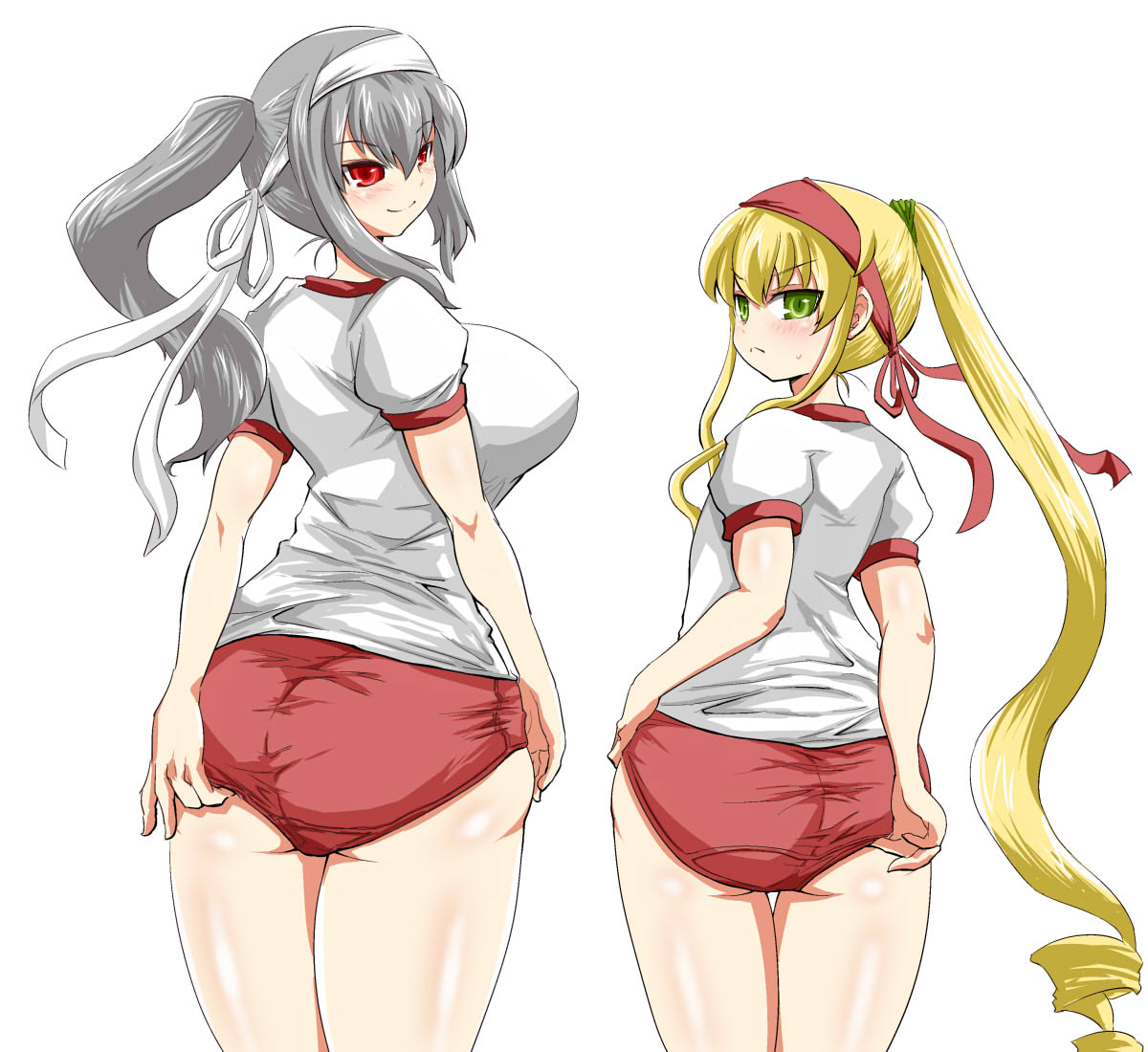 itini-sanshi, shinku, suigintou, rozen maiden, commentary request, 2girls, alternate breast size (larger), alternate costume, alternate hairstyle, ass, blonde hair, blush, breasts, buruma, closed mouth, cowboy shot, flat chest, from behind, frown, green eyes, grey hair, gym uniform, headband, high ponytail, large breasts, long hair, looking at viewer, multiple girls, ponytail, red buruma, red eyes, red headband, shirt, short sleeves, simple background, single drill, smile, v-shaped eyebrows, very long hair, white background, white headband, white shirt
