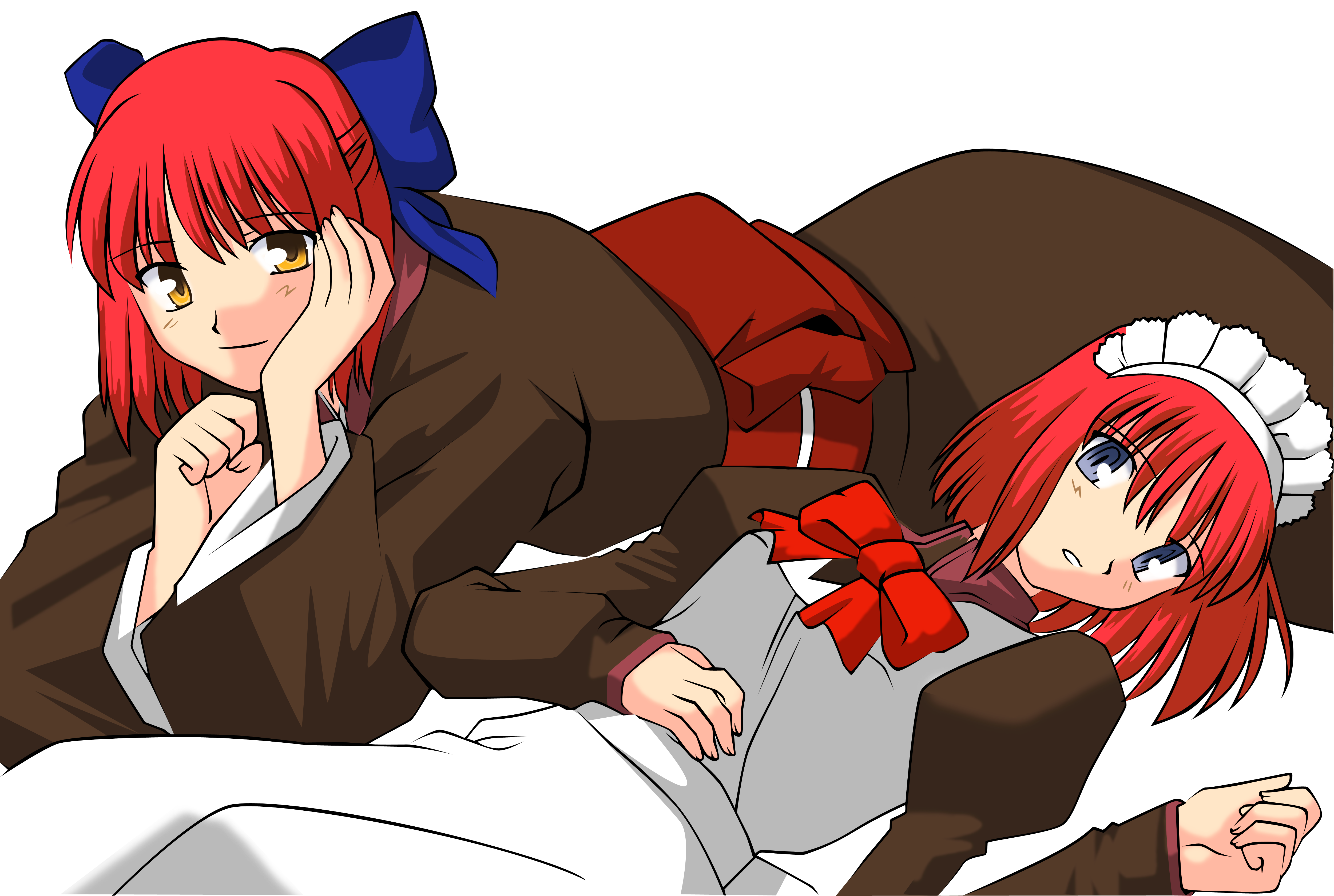 hisui (tsukihime), kohaku (tsukihime), tsukihime, absurdres, derivative work, highres, vector trace, 00s, apron, blue eyes, blush, maid, maid apron, red hair, short hair, siblings, sisters, transparent background, twins, yellow eyes