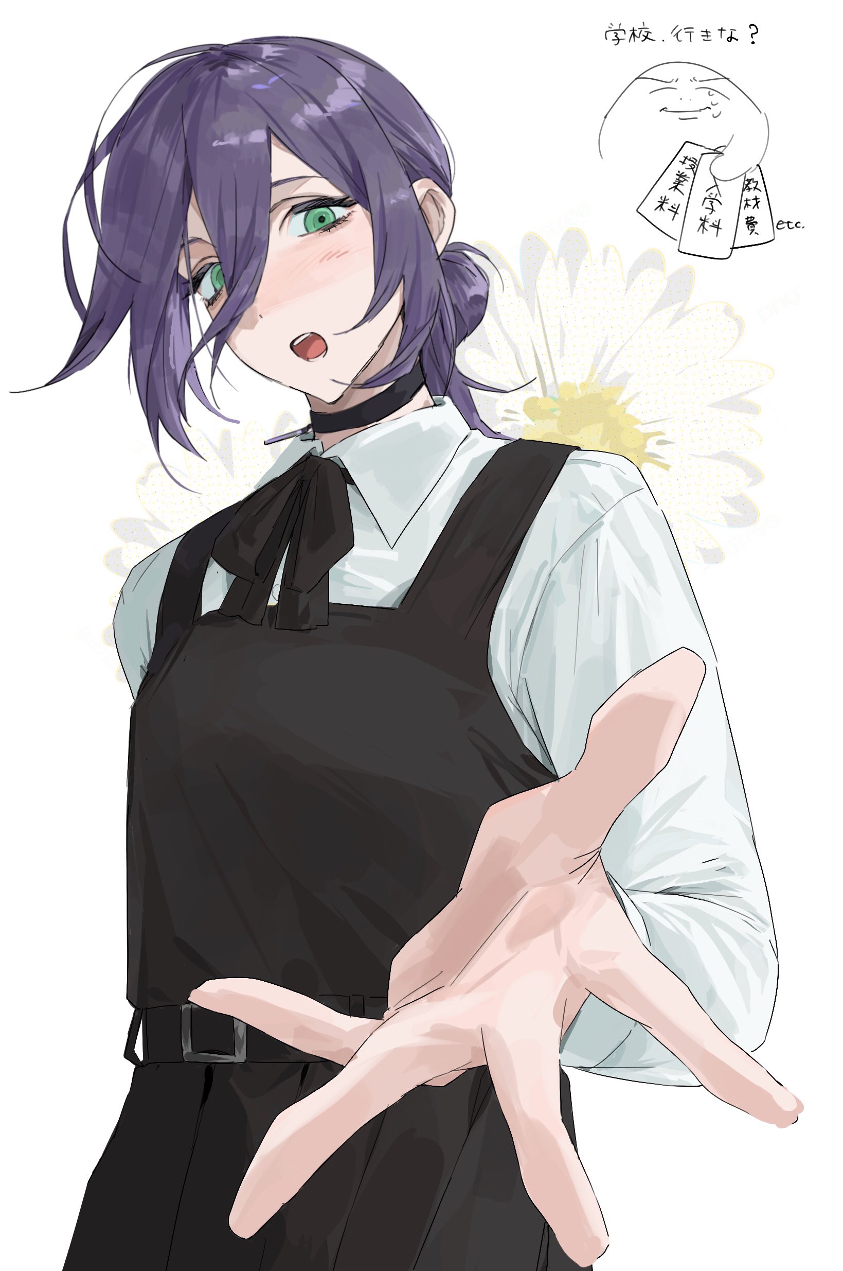 tori (toridaisukichu), reze (chainsaw man), chainsaw man, absurdres, highres, translation request, 1girl, black choker, black dress, choker, collared shirt, dress, flower, fourth east high school uniform, green eyes, grenade pin, hair between eyes, long sleeves, looking at viewer, open mouth, pinafore dress, purple hair, school uniform, shirt, sleeveless, sleeveless dress, solo, white background, white flower, white shirt