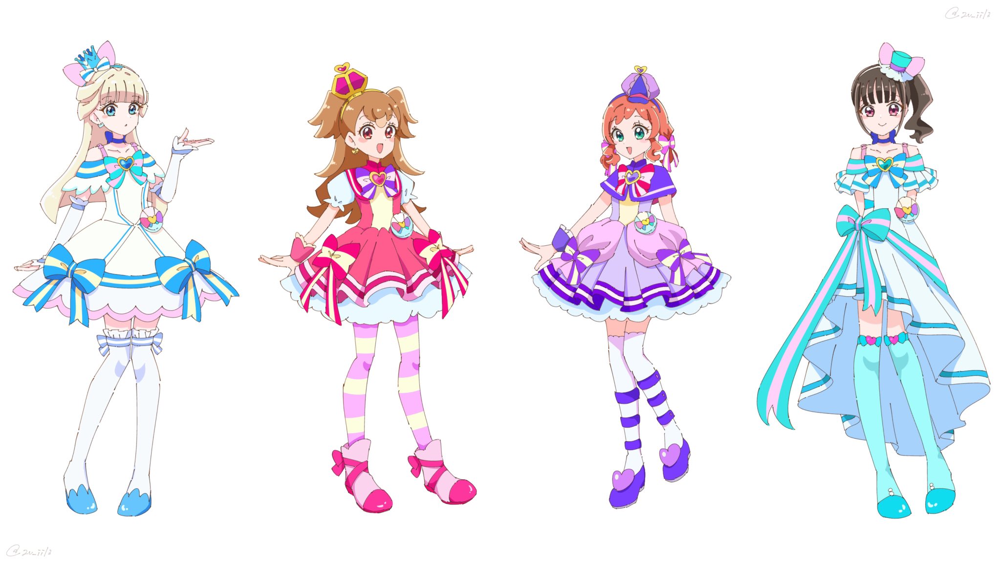 2v iil3, cure friendy, cure lillian, cure nyammy, cure wonderful, precure, wonderful precure!, commentary, highres, 4girls, :d, animal ear hairband, animal ears, aqua boots, aqua bow, aqua hairband, aqua hat, arched crown, arm warmers, arms at sides, arms behind back, bare shoulders, blonde hair, blue bow, blue choker, blue crown, blue eyes, blue hairband, blue shoes, blunt bangs, blunt ends, blush, boots, bow, bow earrings, bow hairband, brooch, brown hair, capelet, cat ear hairband, cat ears, choker, closed mouth, cosplay, crown, crown earrings, cure friendy (cosplay), cure lillian (cosplay), cure nyammy (cosplay), cure wonderful (cosplay), deerstalker, dress, dress bow, earrings, fake animal ears, frilled arm warmers, frilled dress, frilled thighhighs, frilled wrist cuffs, frills, full body, gold hairband, green eyes, hair bow, hairband, half updo, hand up, hat, hat ornament, heart, heart brooch, heart hat ornament, jewelry, knees together feet apart, long hair, looking at viewer, magical girl, medium dress, mini crown, mini hat, mini top hat, multicolored bow, multicolored pantyhose, multiple girls, off-shoulder dress, off shoulder, open mouth, orange hair, pact holder, pantyhose, parted lips, petticoat, pigeon-toed, pink boots, pink bow, pink capelet, pink crown, pink dress, pink eyes, pink pantyhose, pink wrist cuffs, ponytail, pouch, puffy short sleeves, puffy sleeves, purple bow, purple capelet, purple dress, purple hairband, purple hat, purple shoes, purple wrist cuffs, red eyes, self cosplay, shiny cats pact, shoes, short dress, short hair with long locks, short sleeves, short twintails, side-by-side, side ponytail, simple background, sleeveless, sleeveless dress, smile, standing, striped bow, striped clothes, striped pantyhose, thigh boots, thighhighs, tilted headwear, top hat, twintails, two-tone pantyhose, two side up, white arm warmers, white background, white dress, white hairband, white thighhighs, wonderful pact, wrist cuffs, yellow pantyhose, zettai ryouiki