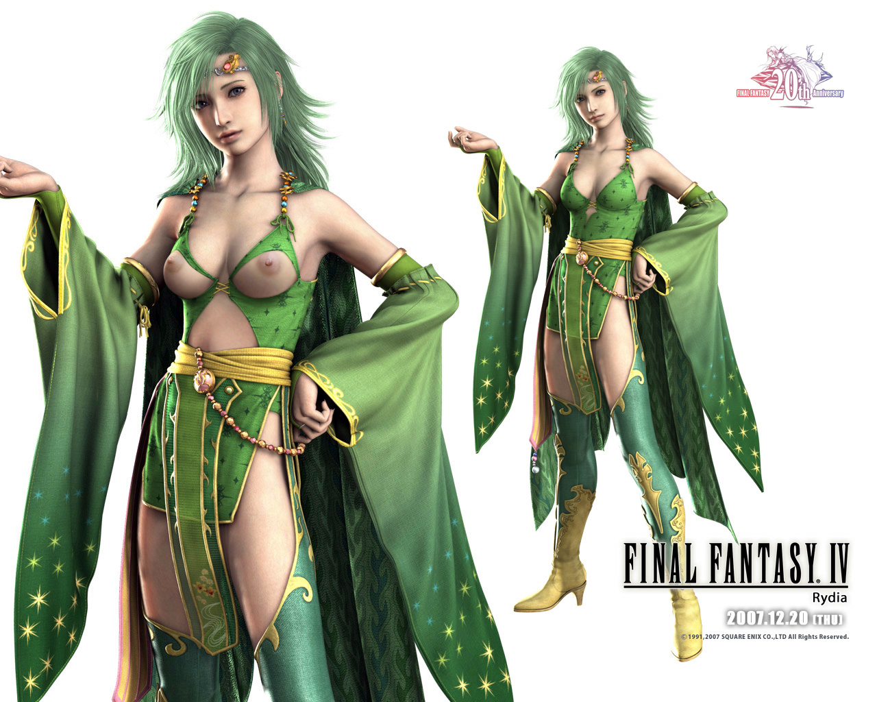 rydia (ff4), final fantasy, final fantasy iv, nude filter, third-party edit, 1990s (style), 1girl, 3d, breasts, green hair, large breasts, nipples, retro artstyle, topless female
