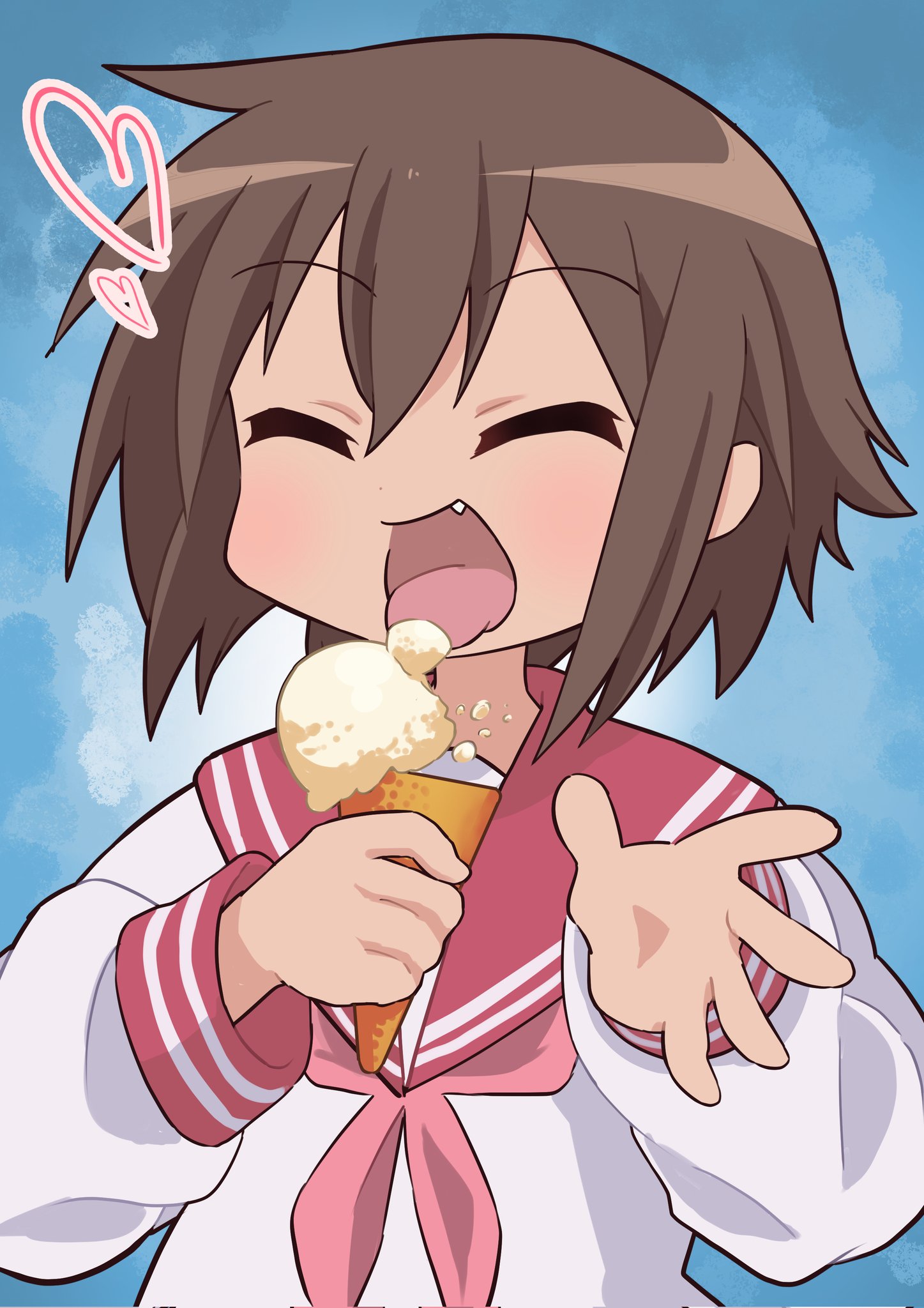 kusakabe misao, lucky star, highres, 1girl, :d, blue background, blush, brown hair, chihaya kirin, closed eyes, fang, food, heart, holding, holding ice cream cone, ice cream, ice cream cone, licking, neckerchief, open mouth, pink neckerchief, red sailor collar, ryouou school uniform, sailor collar, school uniform, shirt, short hair, smile, spiked hair, striped sleeve cuffs, white shirt