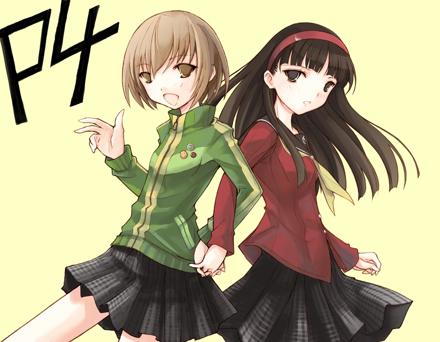 kotonemaru, amagi yukiko, satonaka chie, atlus, persona, persona 4, 2girls, back-to-back, black eyes, black hair, brown eyes, brown hair, female focus, hairband, holding hands, jacket, lapel pin, locked arms, long hair, multiple girls, open mouth, pin, plaid clothes, plaid skirt, school uniform, serafuku, short hair, skirt, track jacket, zipper