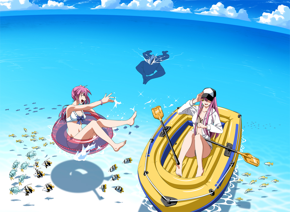 k3 (dolphin brain), futaki kanata, saigusa haruka, little busters!, original, 2girls, barefoot, bikini, boat, day, feet, fish, frog, hair bobbles, hair ornament, hat, inflatable raft, innertube, long hair, multiple girls, oar, ocean, on boat, open mouth, purple hair, raft, ribbon, siblings, side ponytail, swim ring, swimsuit, twins, water, watercraft