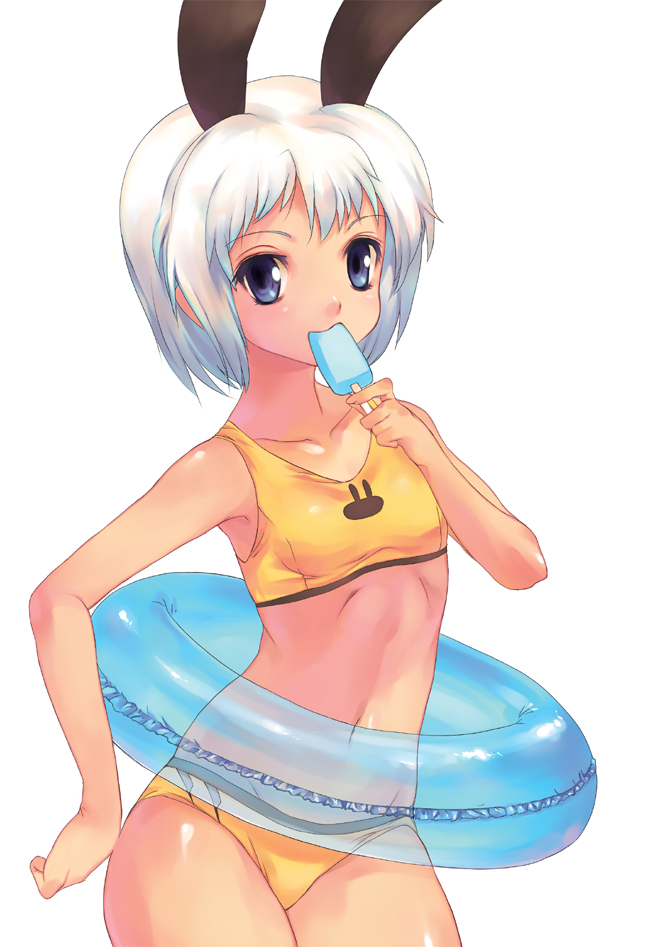 monk (syugyousou), original, 1girl, animal ears, bikini, blue eyes, child, female focus, flat chest, food, hip focus, innertube, popsicle, rabbit ears, short hair, solo, sports bikini, swim ring, swimsuit, toned, toned female, white background, white hair, yellow bikini
