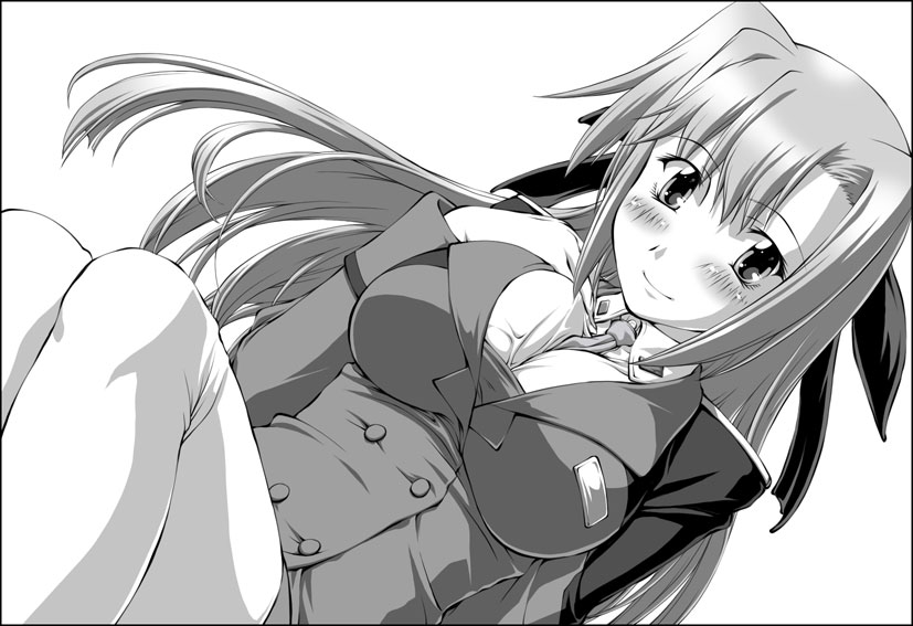jon shicchiou, ginga nakajima, lyrical nanoha, mahou shoujo lyrical nanoha, mahou shoujo lyrical nanoha strikers, 00s, blush, bow, breasts, greyscale, hair bow, large breasts, long hair, monochrome, solo