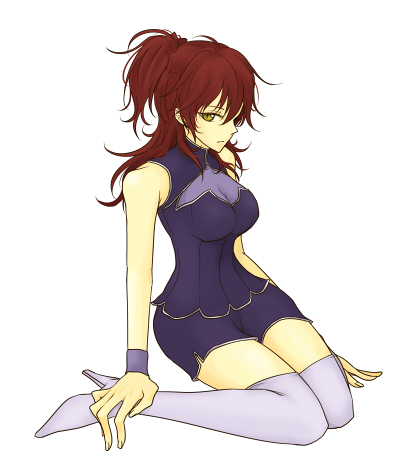 sakichi, nena trinity, gundam, gundam 00, bad id, bad pixiv id, lowres, 00s, 1girl, boots, breasts, cleavage, female focus, large breasts, ponytail, red hair, see-through clothes, shorts, side ponytail, sitting, solo, thigh boots, thighhighs, yellow eyes, zettai ryouiki