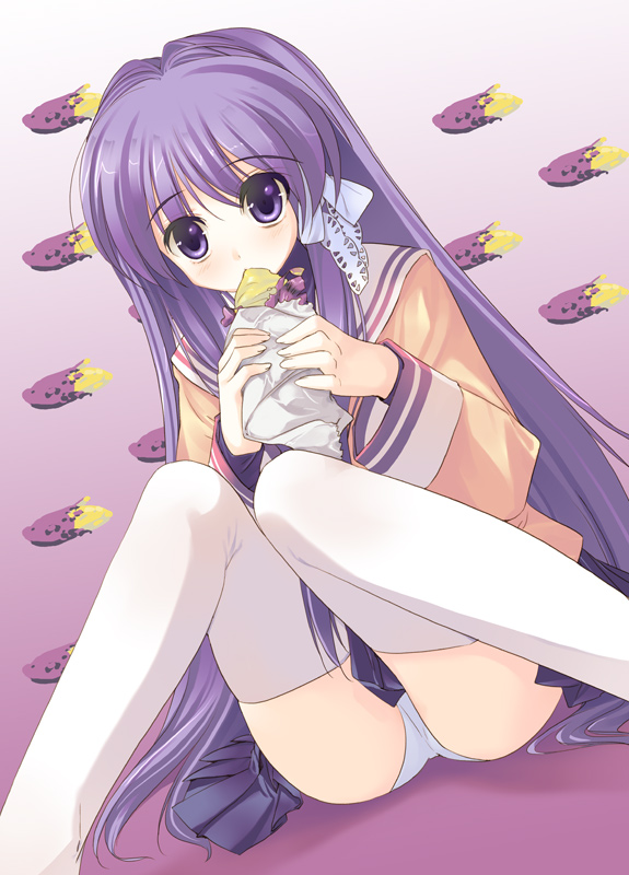 arikawa satoru, fujibayashi kyou, clannad, 00s, 1girl, ass, female focus, food, gradient background, long hair, mouth hold, panties, purple eyes, purple hair, school uniform, serafuku, sitting, solo, sweet potato, thighhighs, underwear, very long hair
