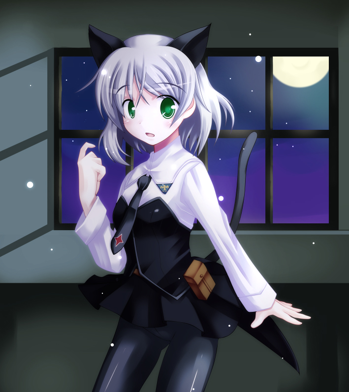 moru pomu po, sanya v. litvyak, strike witches, world witches series, silver hair, 00s, 1girl, animal ears, black pantyhose, cat ears, cat tail, crotch seam, female focus, green eyes, moon, necktie, night, pantyhose, short hair, sky, solo, star (sky), star (symbol), starry sky, tail