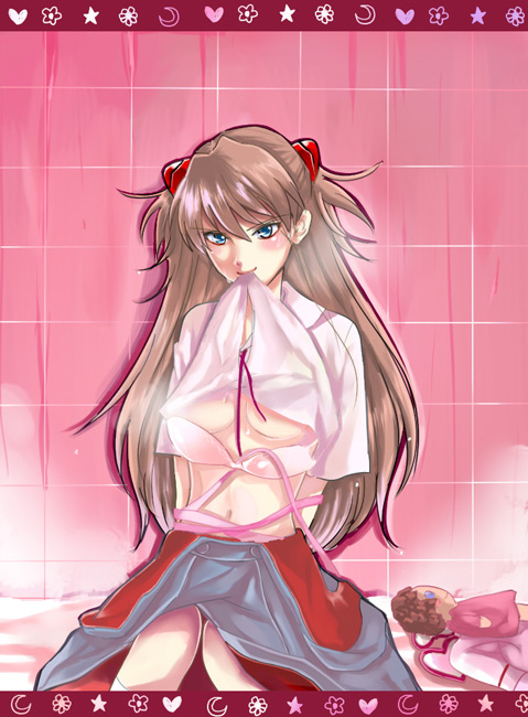ask, ask (densicho), souryuu asuka langley, neon genesis evangelion, bad id, bad pixiv id, 1girl, blue eyes, bra, breasts, brown hair, female focus, hair ornament, hairclip, lingerie, medium breasts, solo, underboob, underwear, undressing