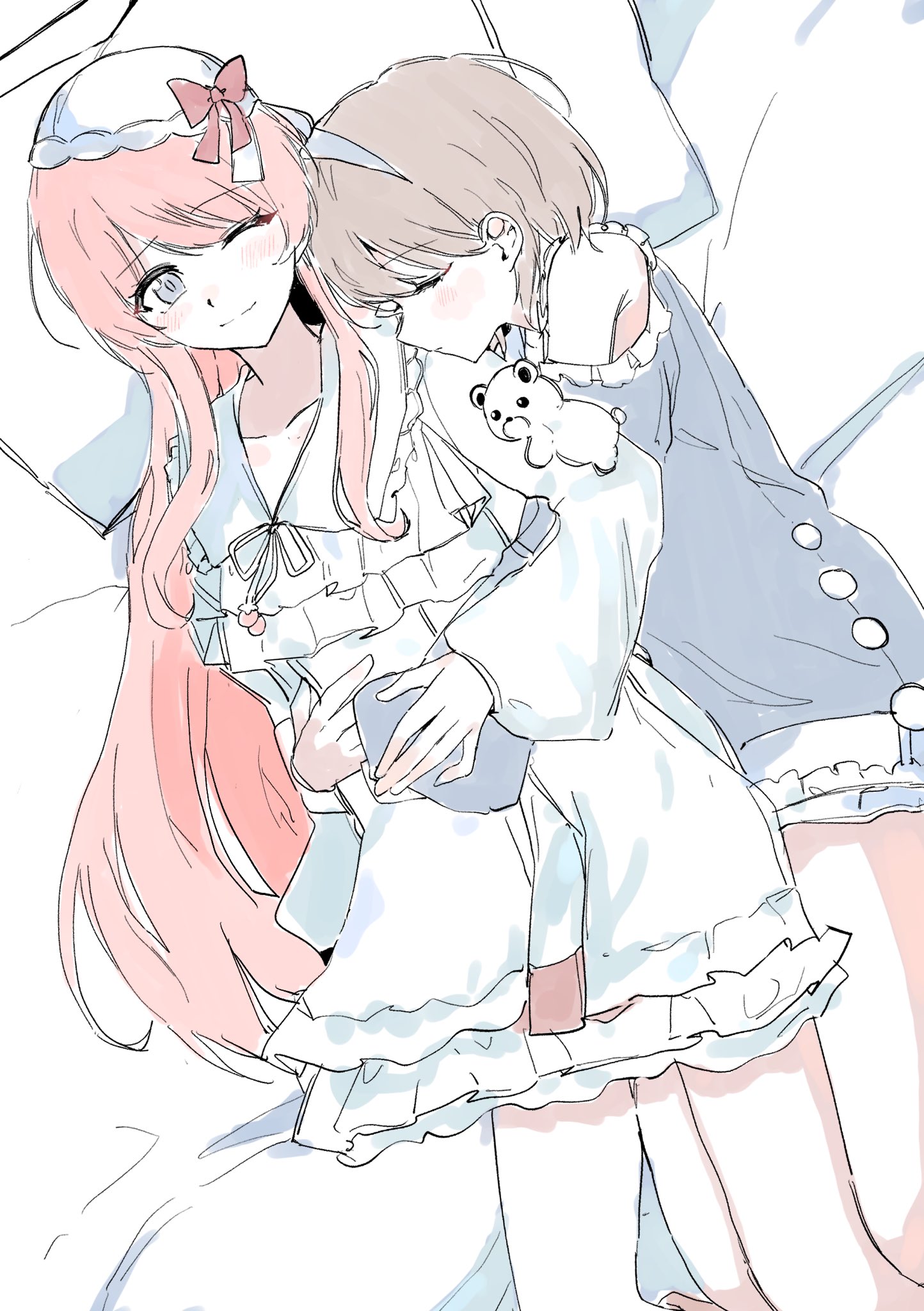 misumi suki, chihaya anon, takamatsu tomori, bang dream!, bang dream! it's mygo!!!!!, commentary request, highres, 2girls, blue shirt, blush, bow, closed mouth, cuddling, grey eyes, grey hair, hug, hug from behind, long hair, long sleeves, multiple girls, on bed, one eye closed, pillow, pink hair, red bow, shirt, short hair, sleeping, white shirt, yuri