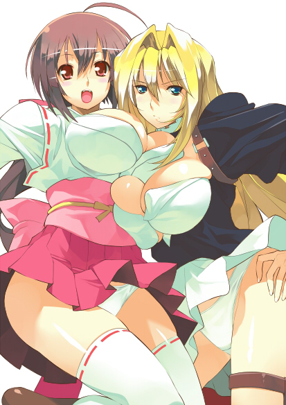 ryuuta, ryuuta (msxtr), musubi, tsukiumi, sekirei, 00s, 2girls, blonde hair, breast press, breasts, cleavage, huge breasts, long hair, multiple girls, panties, skirt, symmetrical docking, thigh strap, thighhighs, underwear, white panties, wind, wind lift