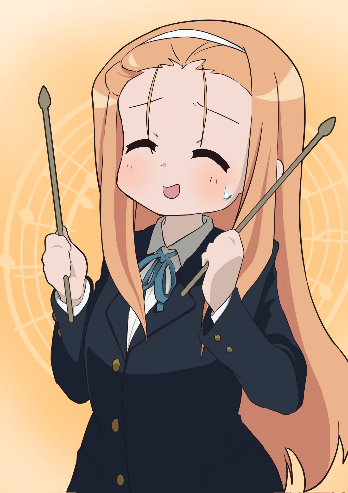 minegishi ayano, k-on!, lucky star, highres, 1girl, :d, black jacket, blazer, blue ribbon, chihaya kirin, closed eyes, collared shirt, cosplay, crossover, drumsticks, gold buttons, headband, holding, holding drumsticks, jacket, long hair, open mouth, orange background, orange hair, ribbon, sakuragaoka high school uniform, school uniform, shirt, smile, sweatdrop, white headband, white shirt