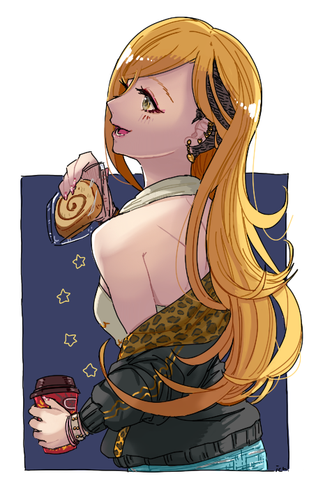 ich., fujimoto rina, idolmaster, idolmaster cinderella girls, commentary request, 1girl, animal print, black jacket, blonde hair, cup, drink, ear piercing, earrings, eyelashes, fingernails, food, holding, holding cup, holding drink, holding food, jacket, jewelry, leopard print, long hair, long sleeves, lower teeth only, off shoulder, open mouth, piercing, smile, solo, star (symbol), teeth, undercut