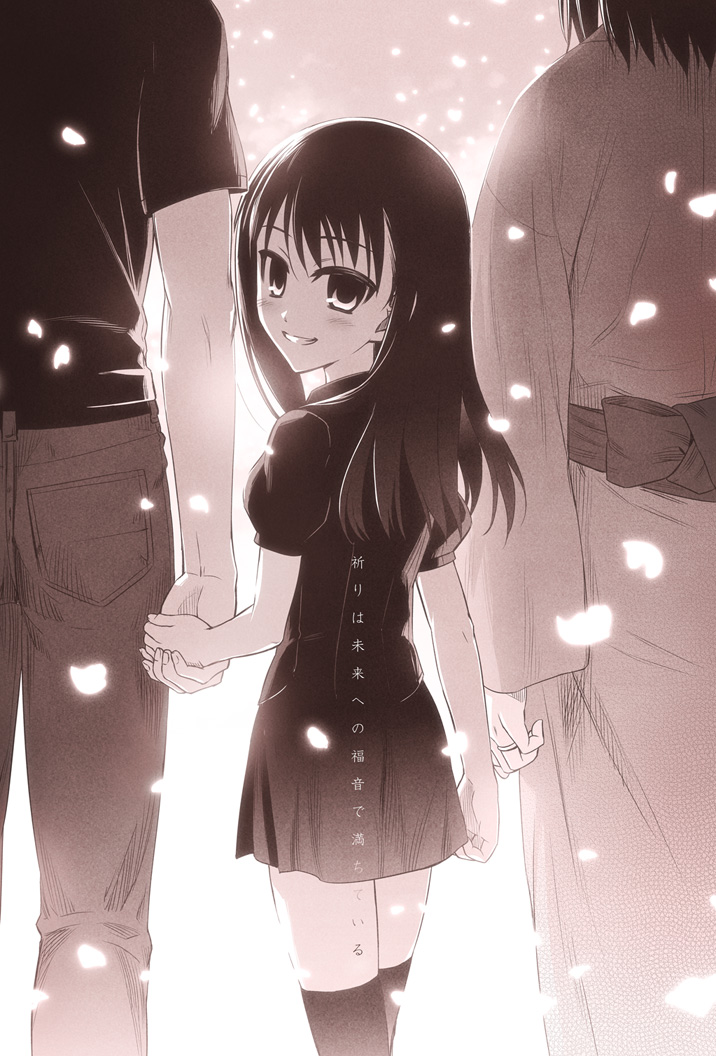 hiroyama hiroshi, kokutou mikiya, ryougi mana, ryougi shiki, kara no kyoukai, 1boy, 2girls, family, grin, holding hands, monochrome, multiple girls, petals, pink theme, smile, snow, thighhighs