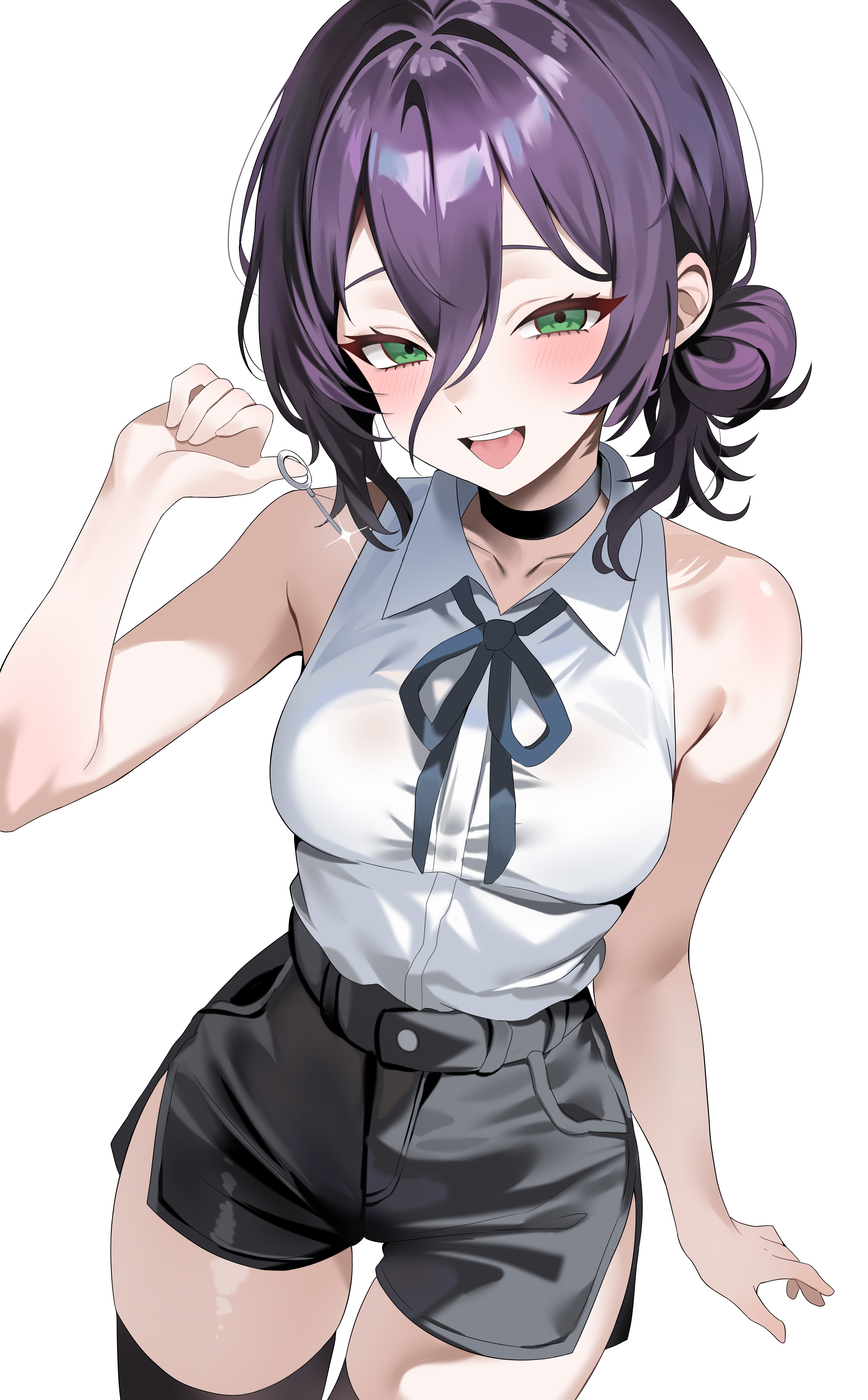 reze (chainsaw man), chainsaw man, absurdres, highres, incredibly absurdres, 1girl, black choker, black ribbon, black shorts, black thighhighs, breasts, choker, green eyes, grenade pin, hair between eyes, hair bun, kekehaimahima, looking at viewer, neck ribbon, open mouth, purple hair, ribbon, shirt, short shorts, shorts, simple background, sleeveless, sleeveless shirt, solo, teeth, thighhighs, white background