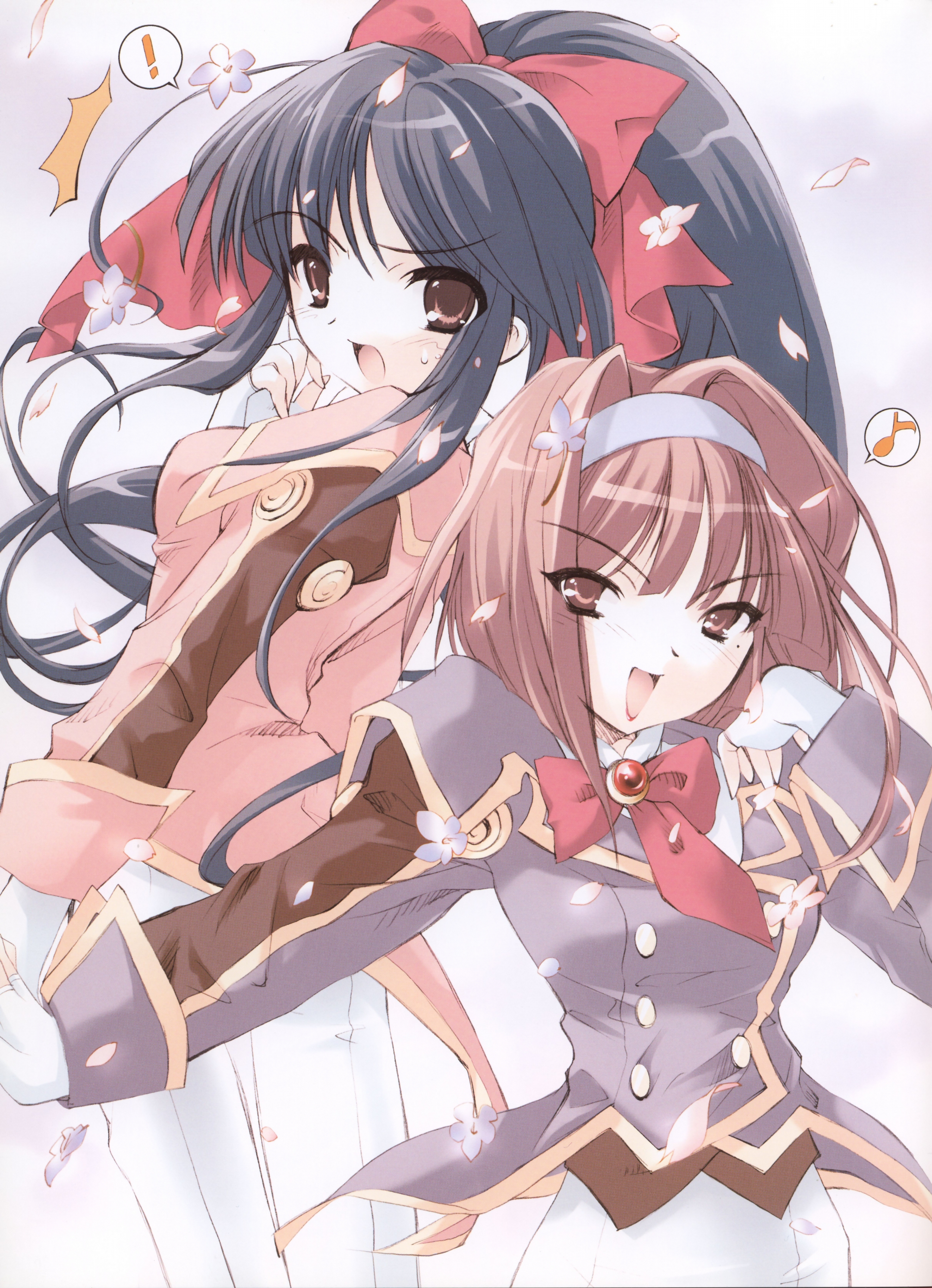 ito noizi, kanzaki sumire, shinguuji sakura, sakura taisen, absurdres, highres, 00s, 2girls, blush, bow, bowtie, brooch, brown hair, buttons, cowboy shot, gem, hairband, jewelry, long hair, looking at viewer, mole, mole under eye, multiple girls, red bow, red bowtie, sidelocks, simple background, tareme, very long hair, white background
